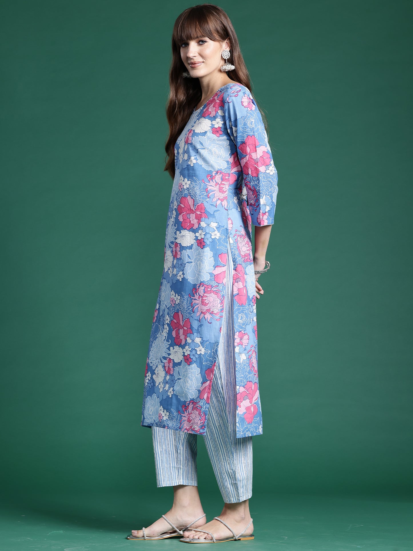 IE Blue Printed Straight Kurta Trousers With Dupatta set