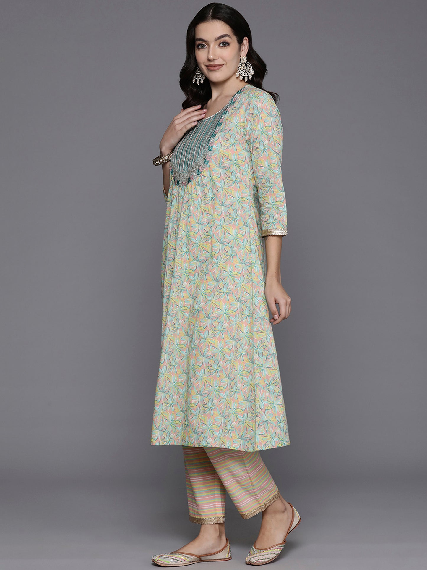 IE Sea Green Embroidered A-Line Kurta Trousers With Dupatta Set