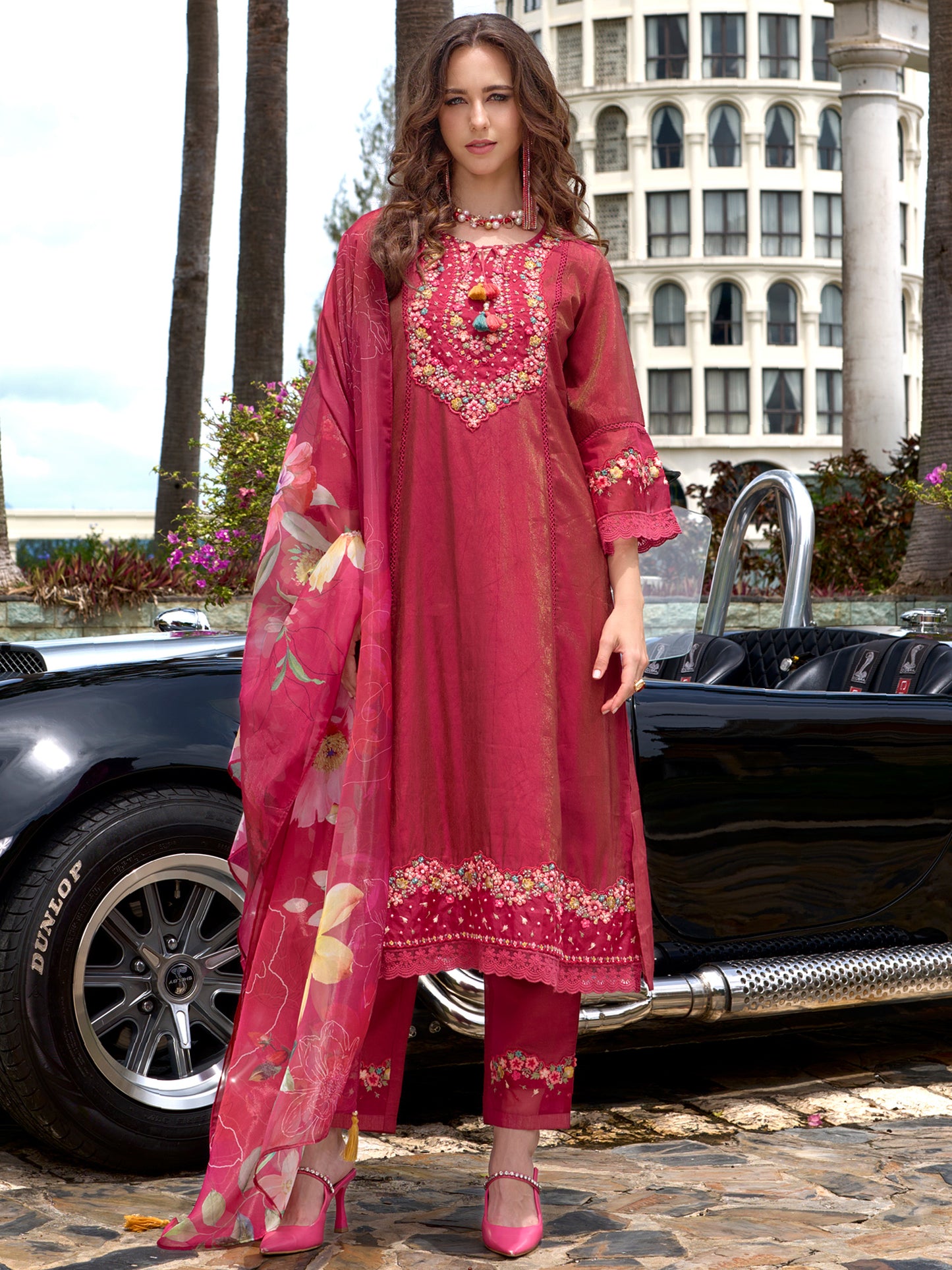 IE Pink Embroidered A-Line Kurta Trousers With Dupatta Set