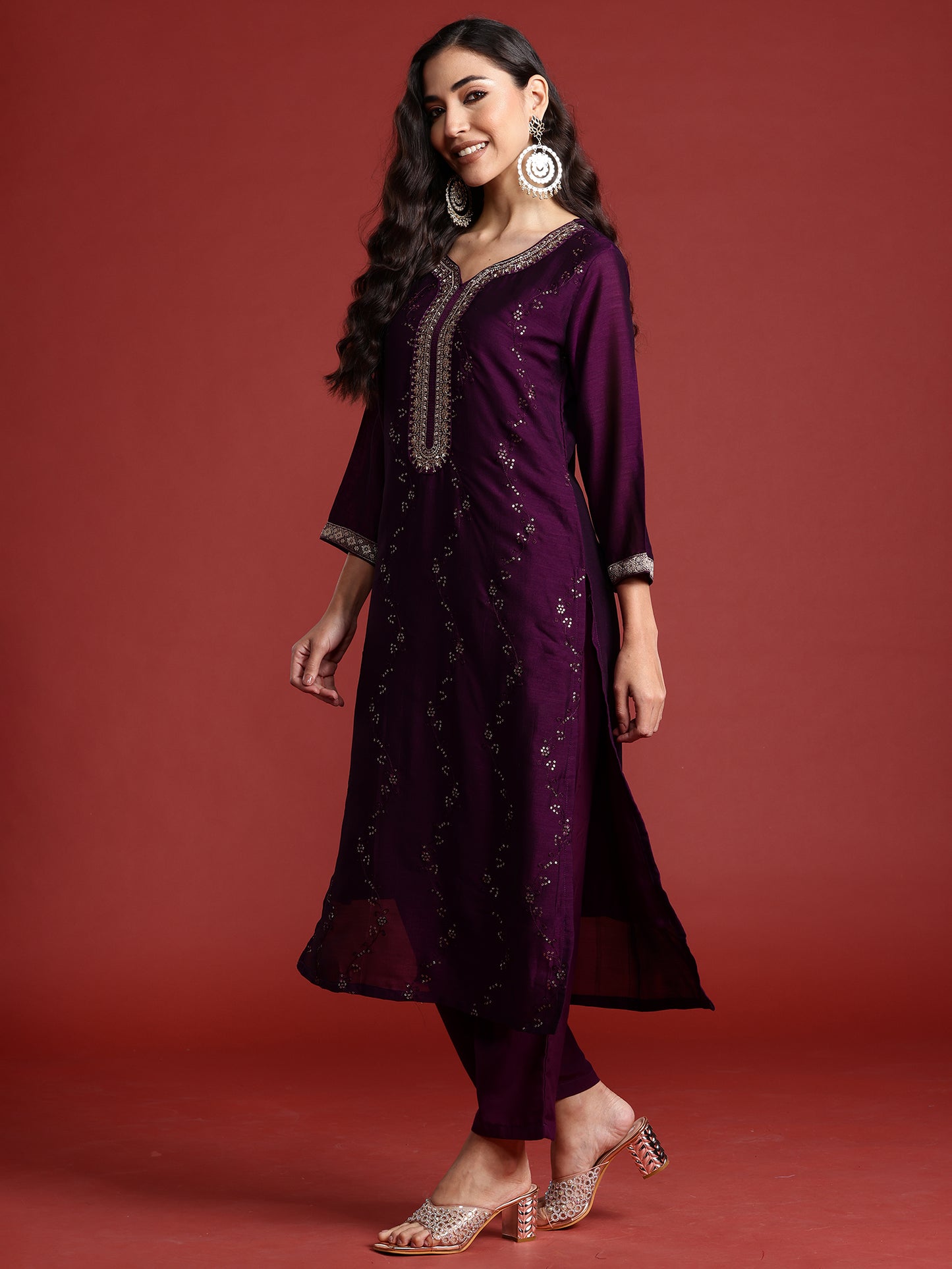 IE Purple Embroidered Straight Kurta Trousers With Dupatta set