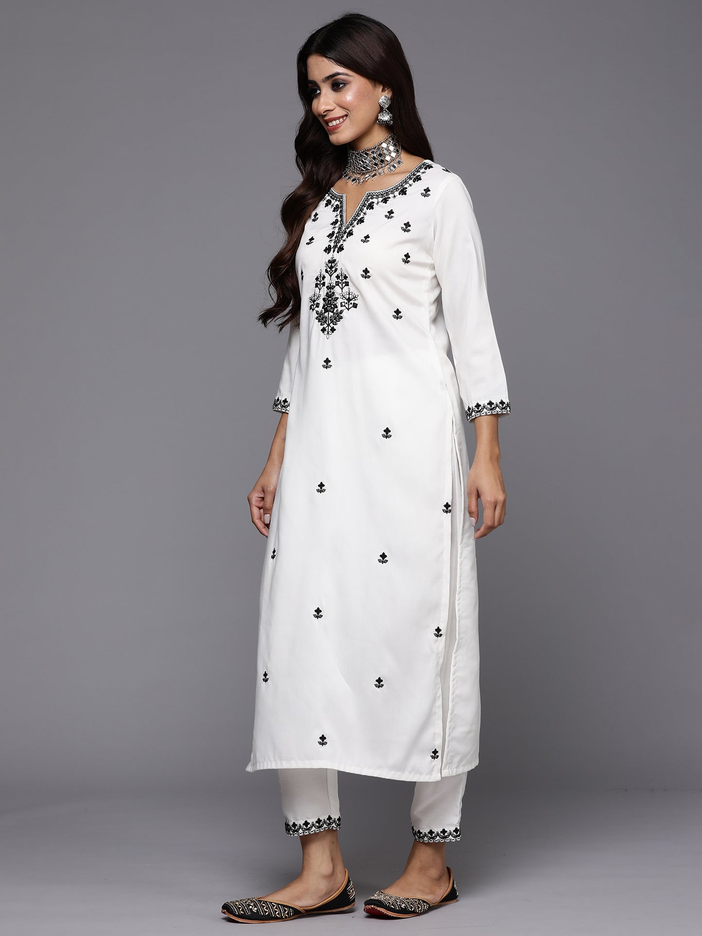 IE White Embroidered Straight Kurta Trousers With Dupatta Set