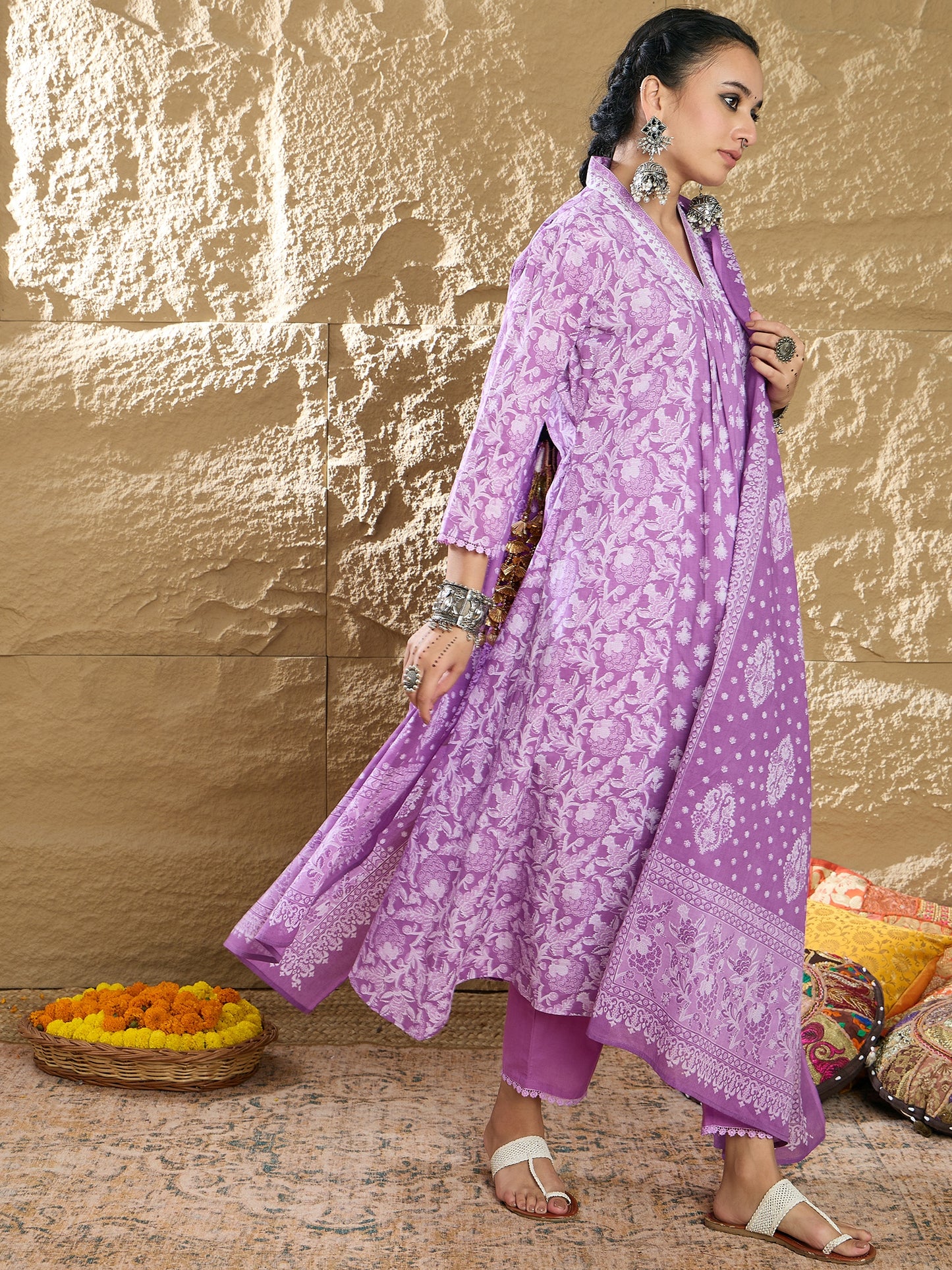 IE Lavender Printed A-Line Kurta Trousers With Dupatta set