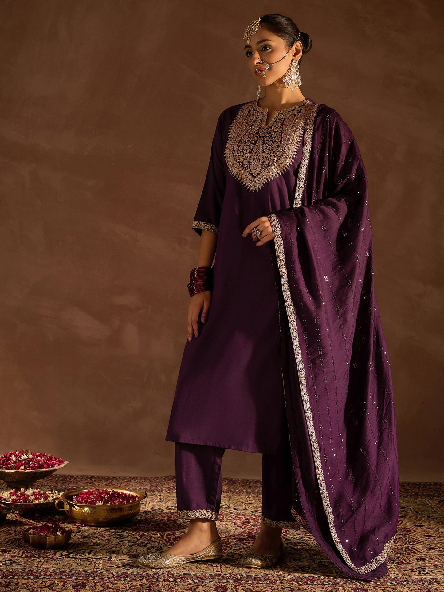 IE Burgundy Embroidered Straight Kurta Trousers With Dupatta set