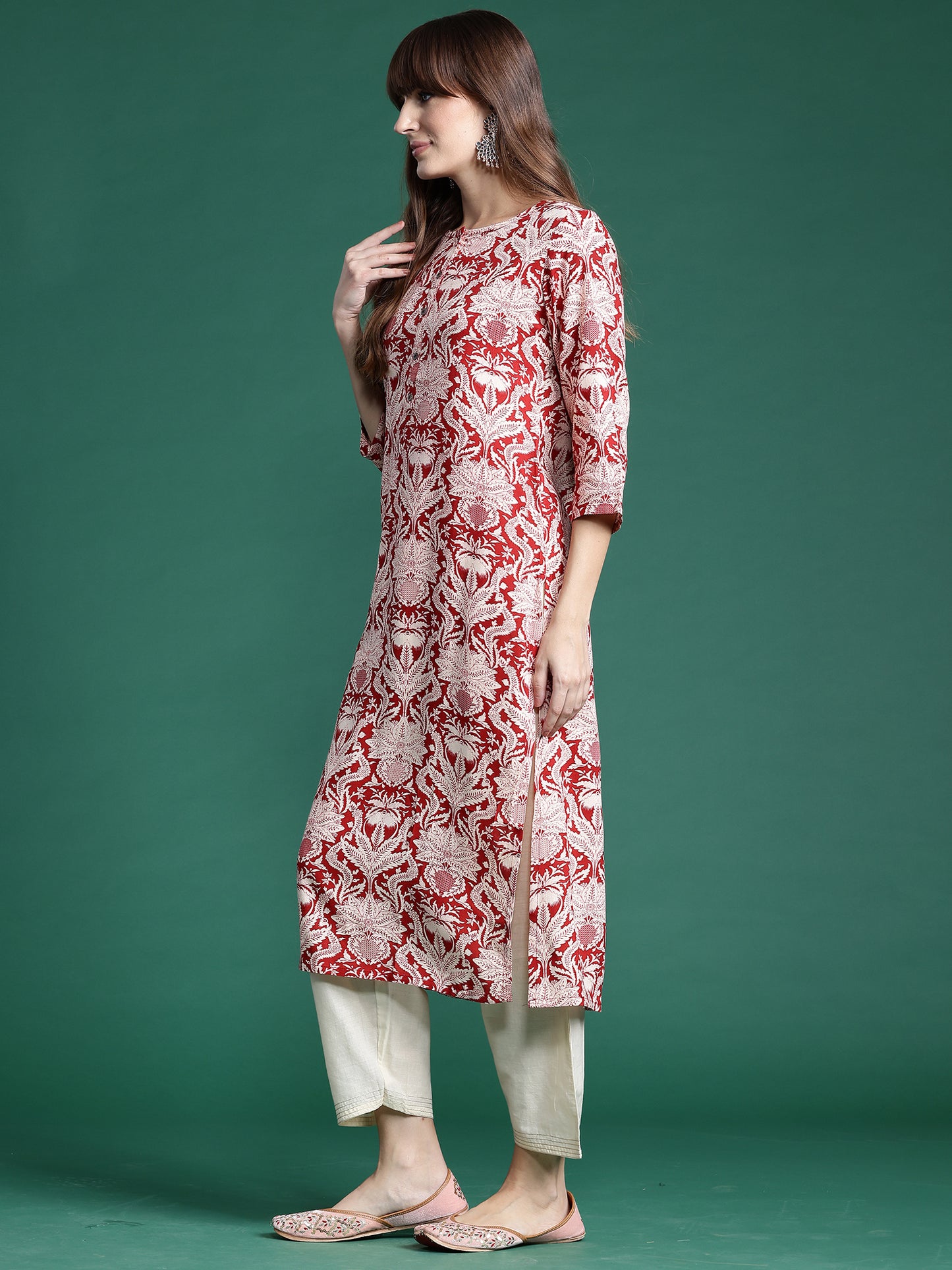 IE Red Printed Straight Kurtas