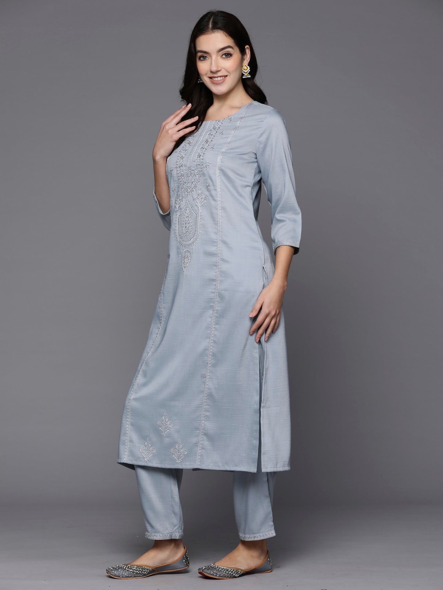 IE Grey Embroidered Straight Kurta Trousers With Dupatta set