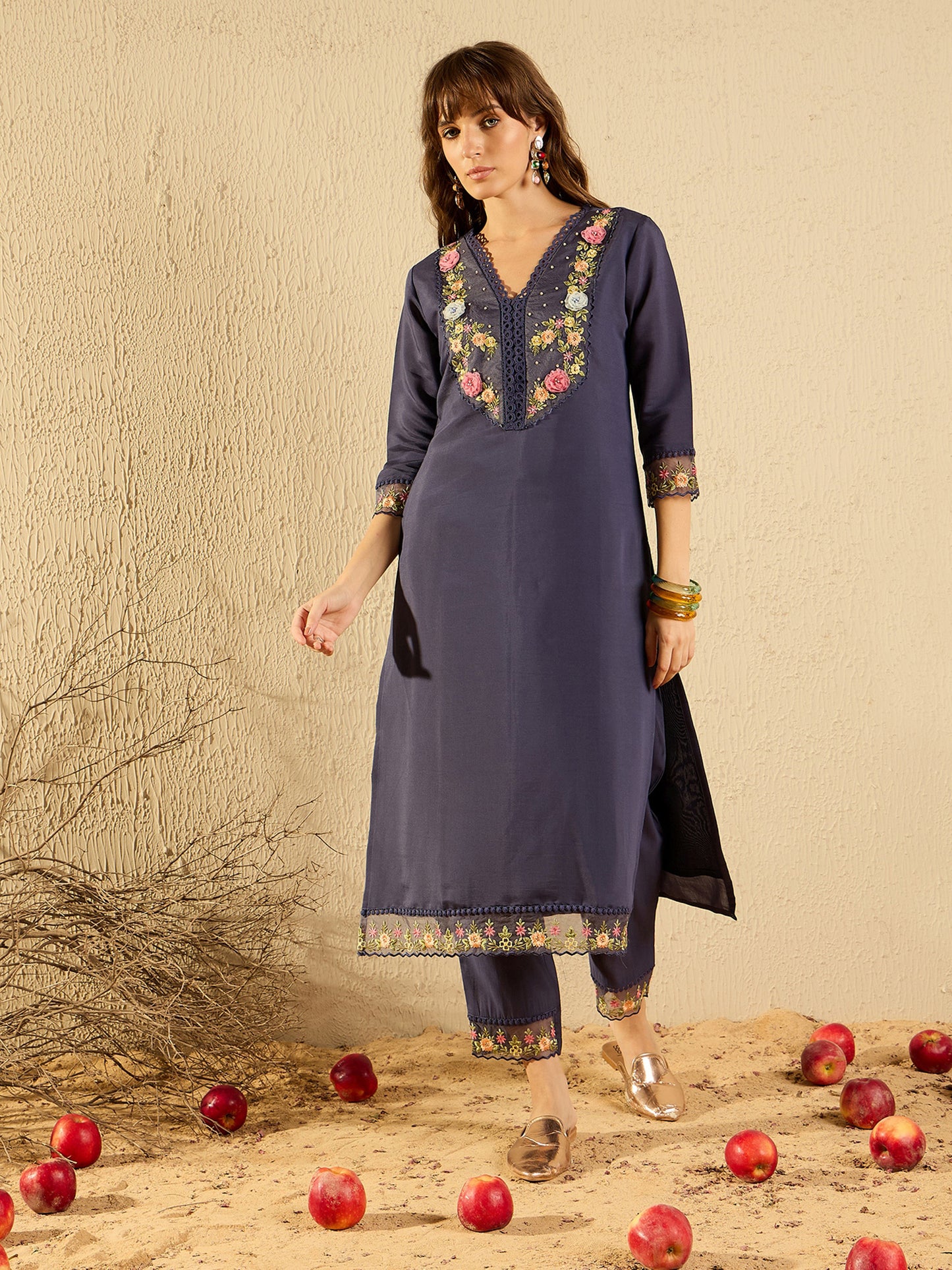 IE Grey Embroidered Straight Kurta Trousers With Dupatta set