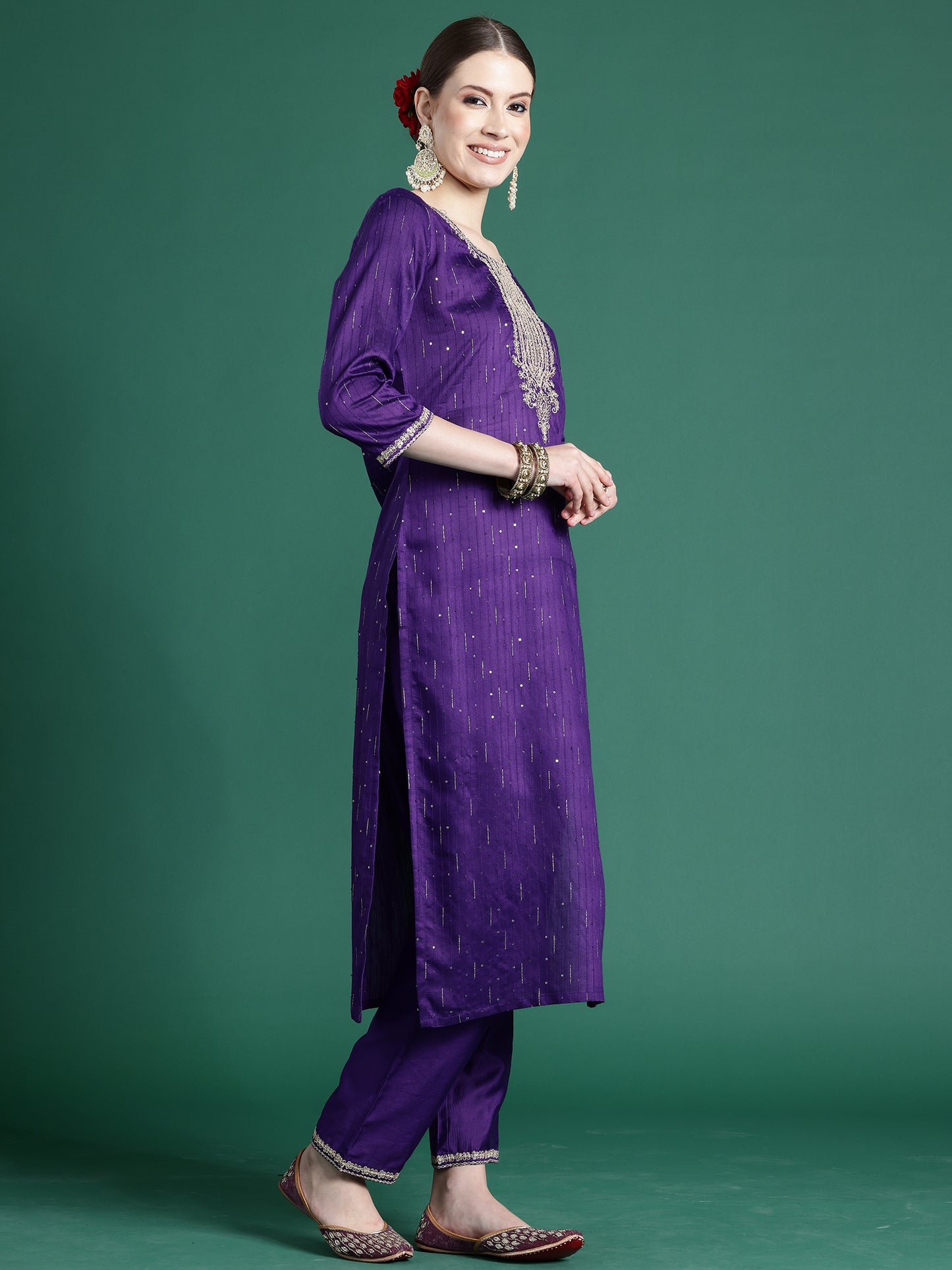 IE Purple Embroidered Straight Kurta Trousers With Dupatta set