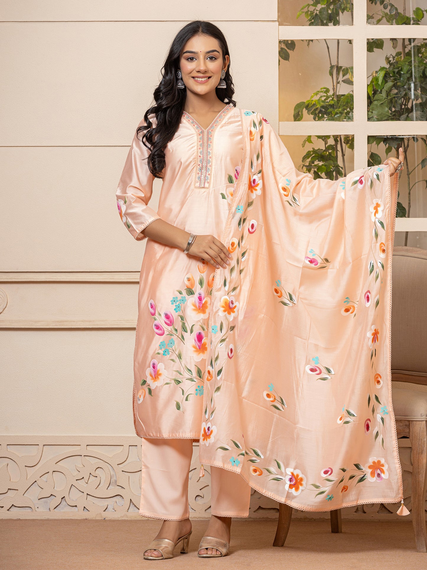 IE Peach Printed Straight Kurta Trousers With Dupatta set