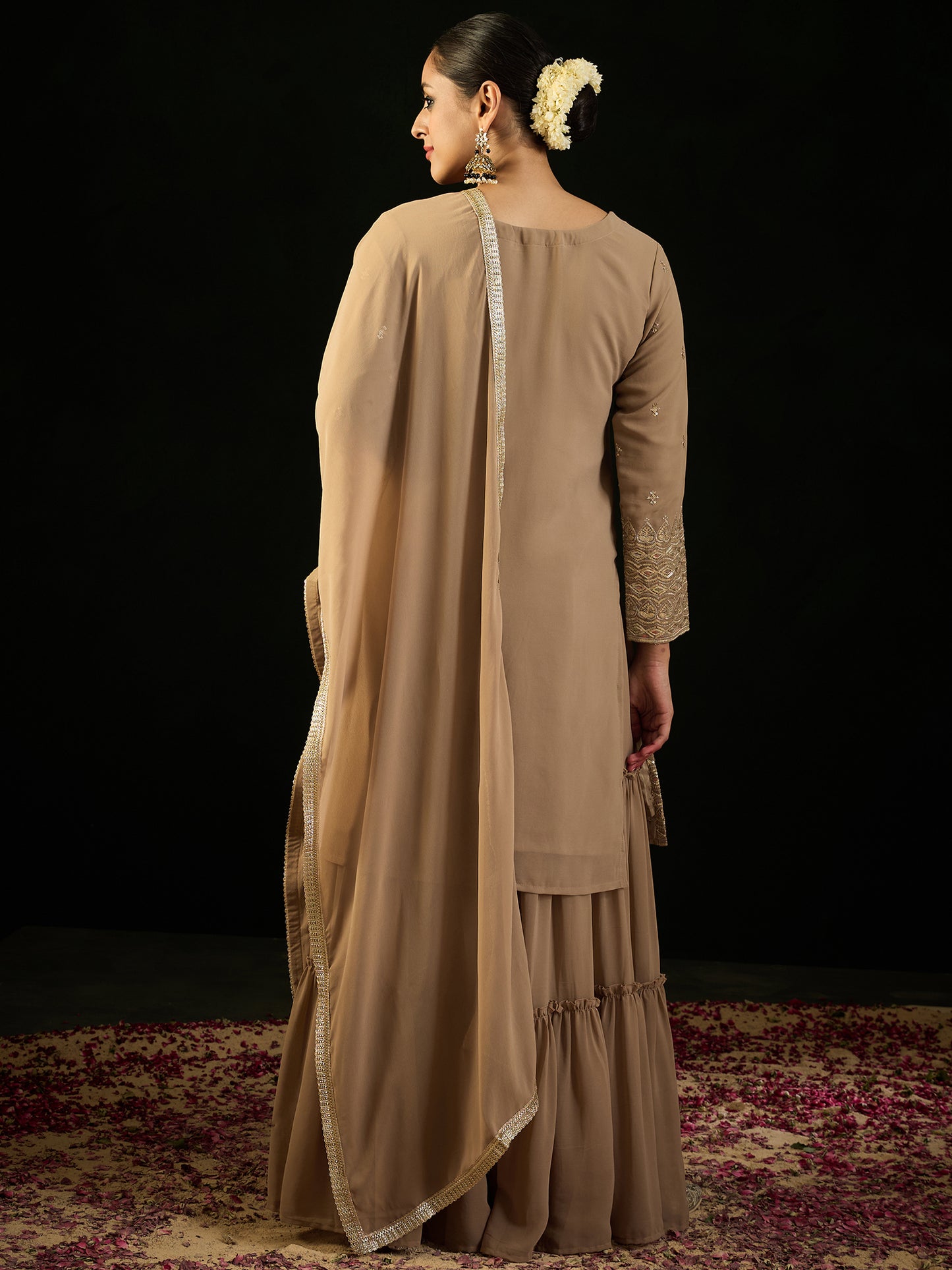 IE Beige Embroidered Straight Kurta Sharara With Dupatta set