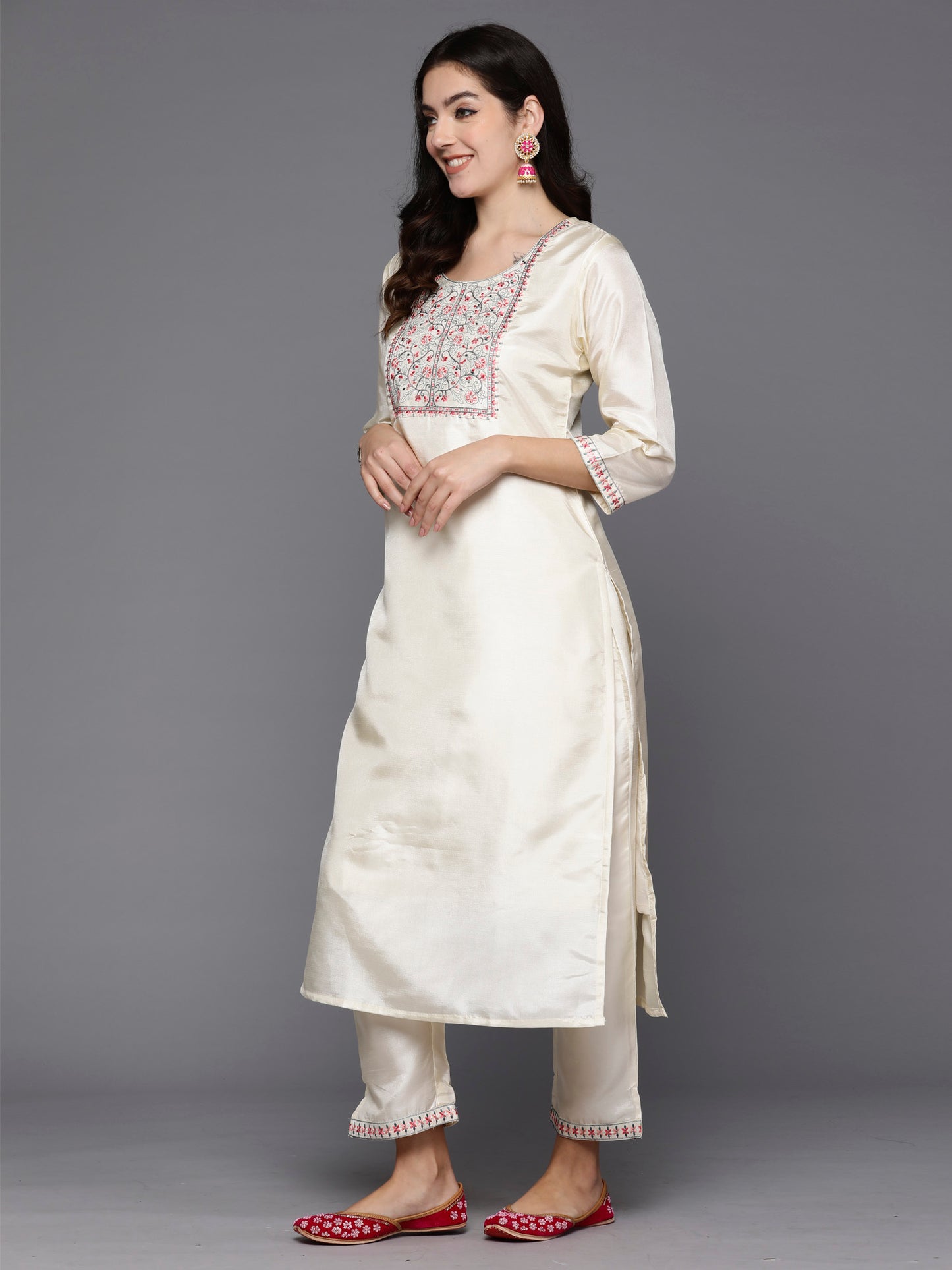 IE Cream Embroidered Straight Kurta Trousers With Dupatta Set