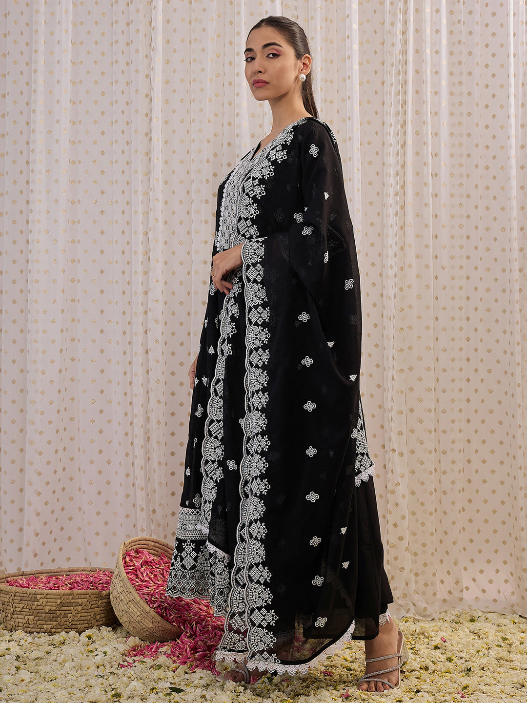 IE Black Embroidered Straight Kurta Trousers With Dupatta set