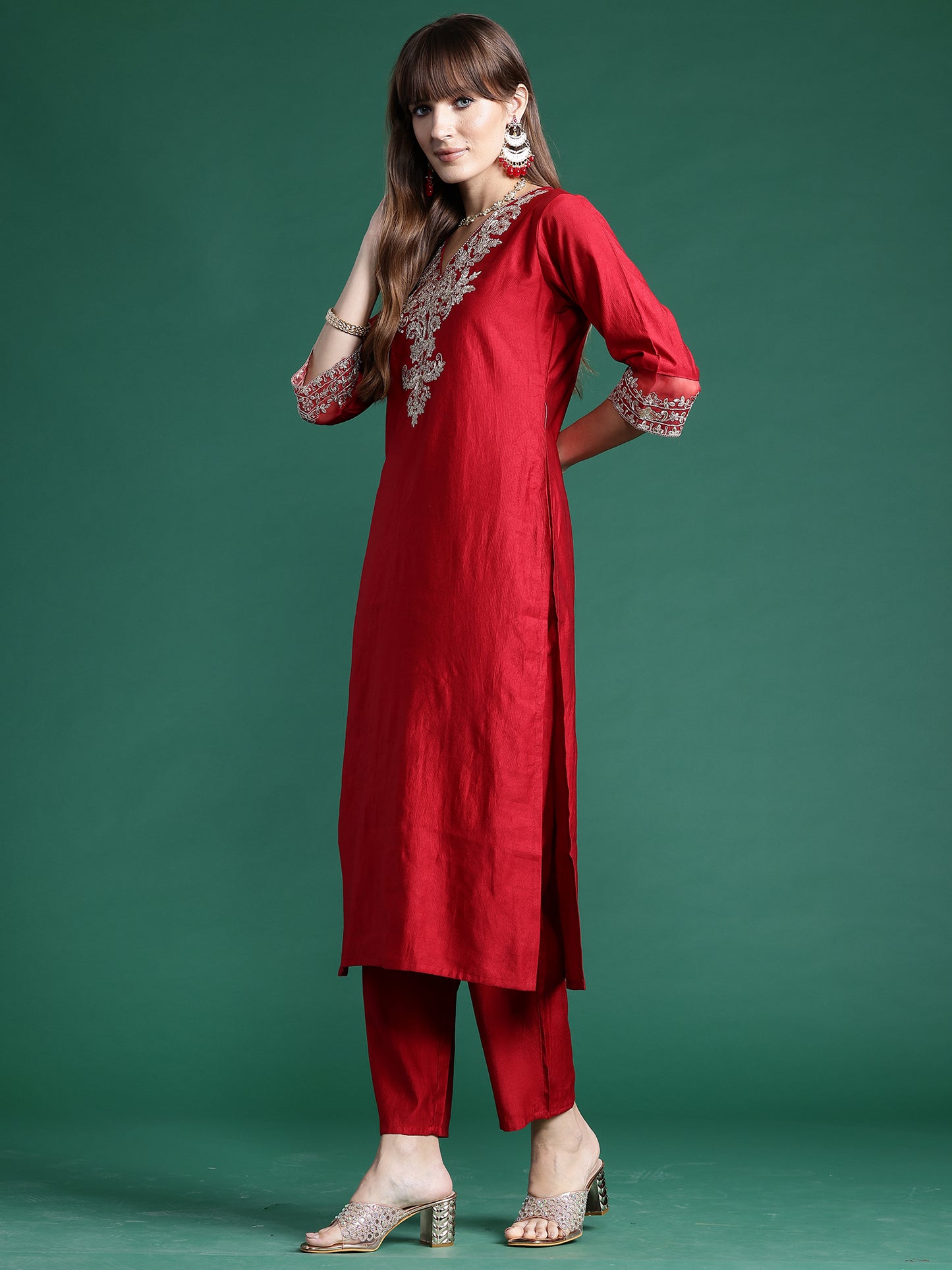 IE Red Embroidered Straight Kurta Trousers With Dupatta  Set