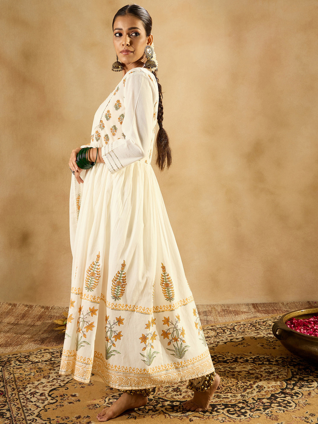 IE Off White Printed A-Line Kurta Trousers With Dupatta set