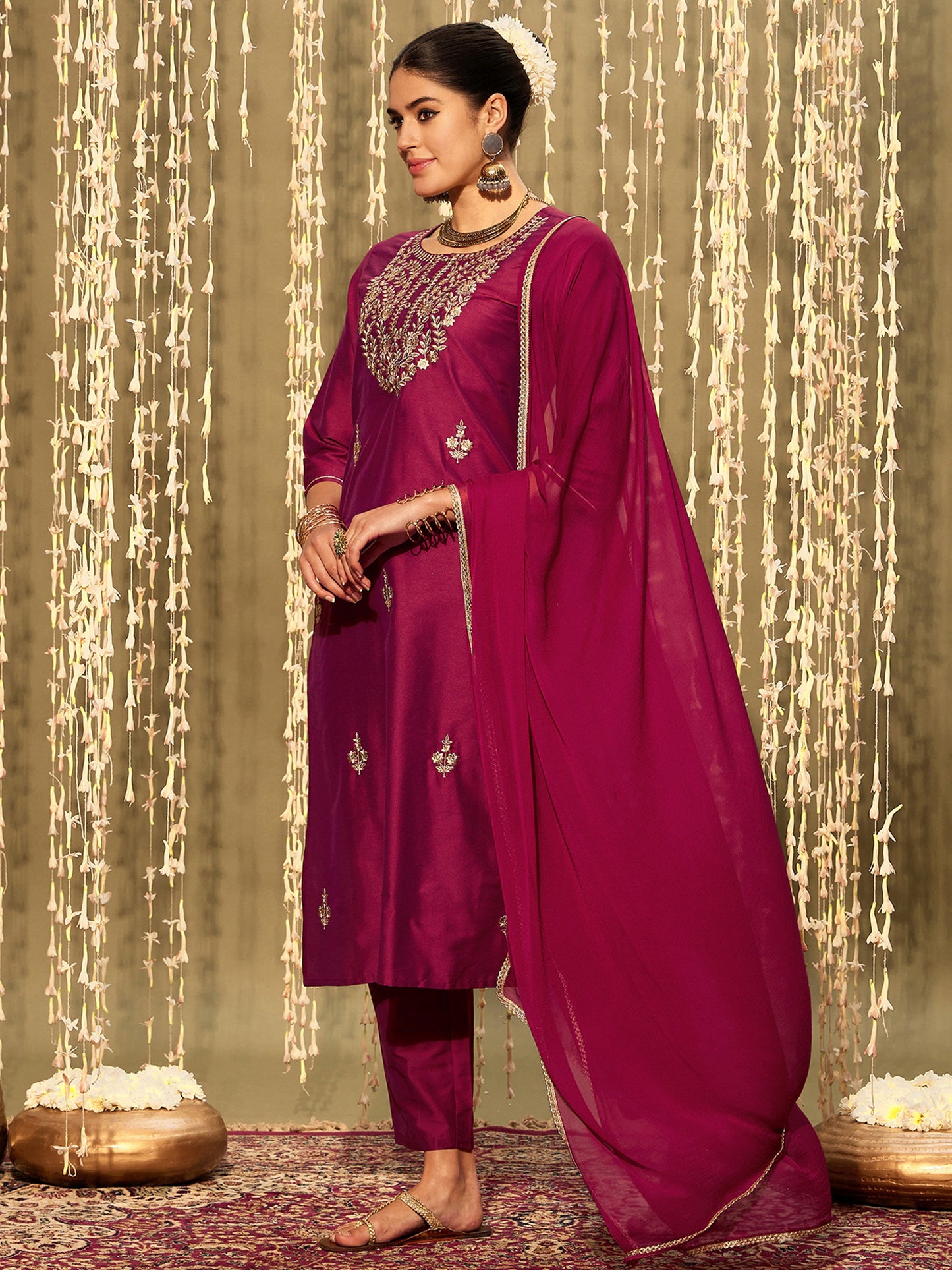 IE Magenta Embroidered Straight Kurta Trousers With Dupatta set