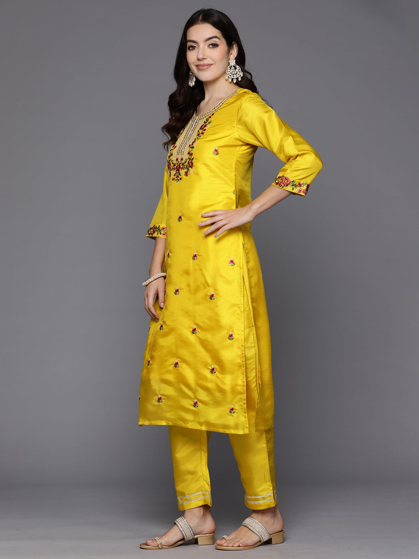 IE Yellow Embroidered Straight Kurta Trousers With Dupatta Set