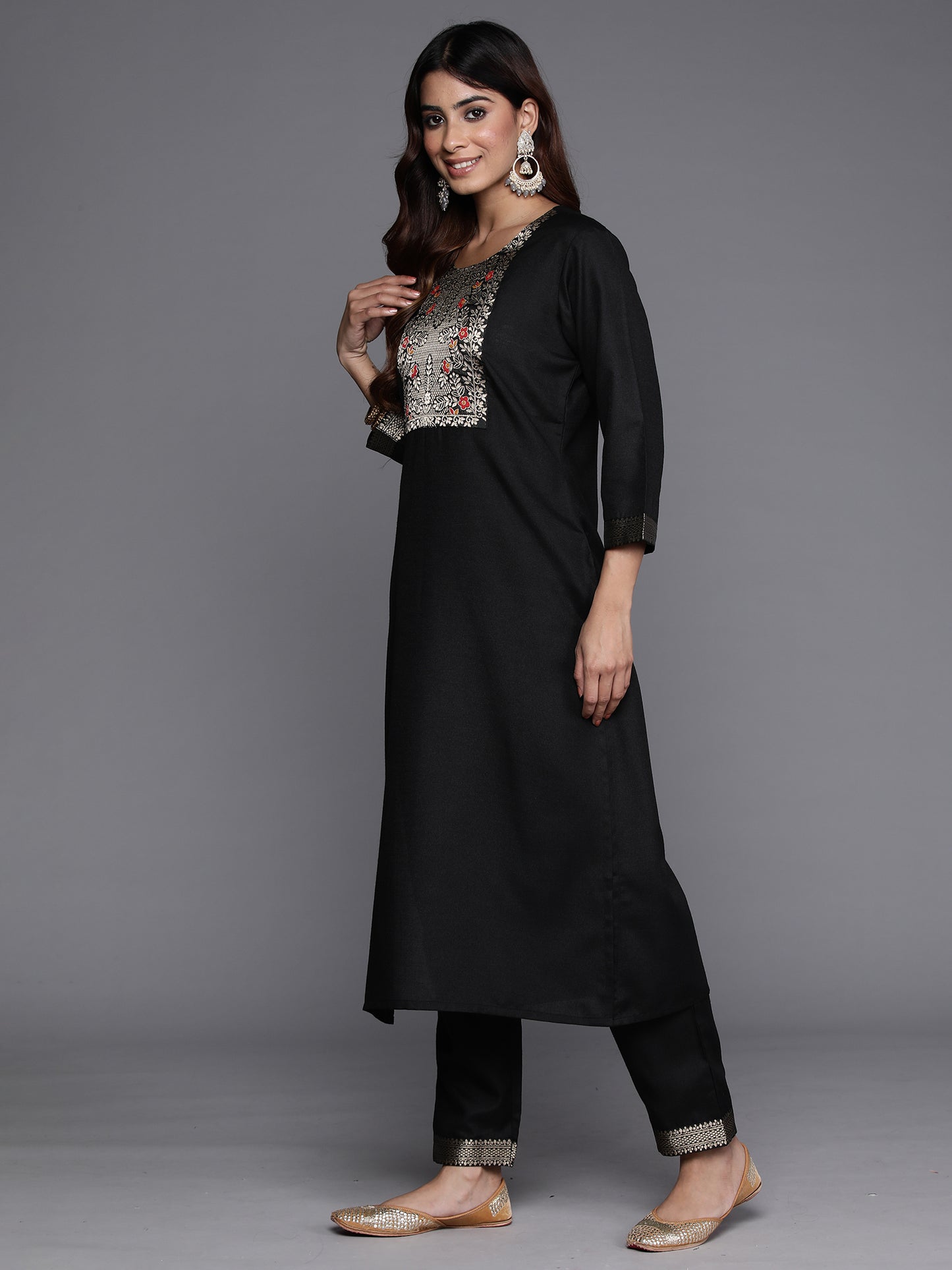 IE Black Yoke Design Straight Kurta Trousers With Dupatta Set