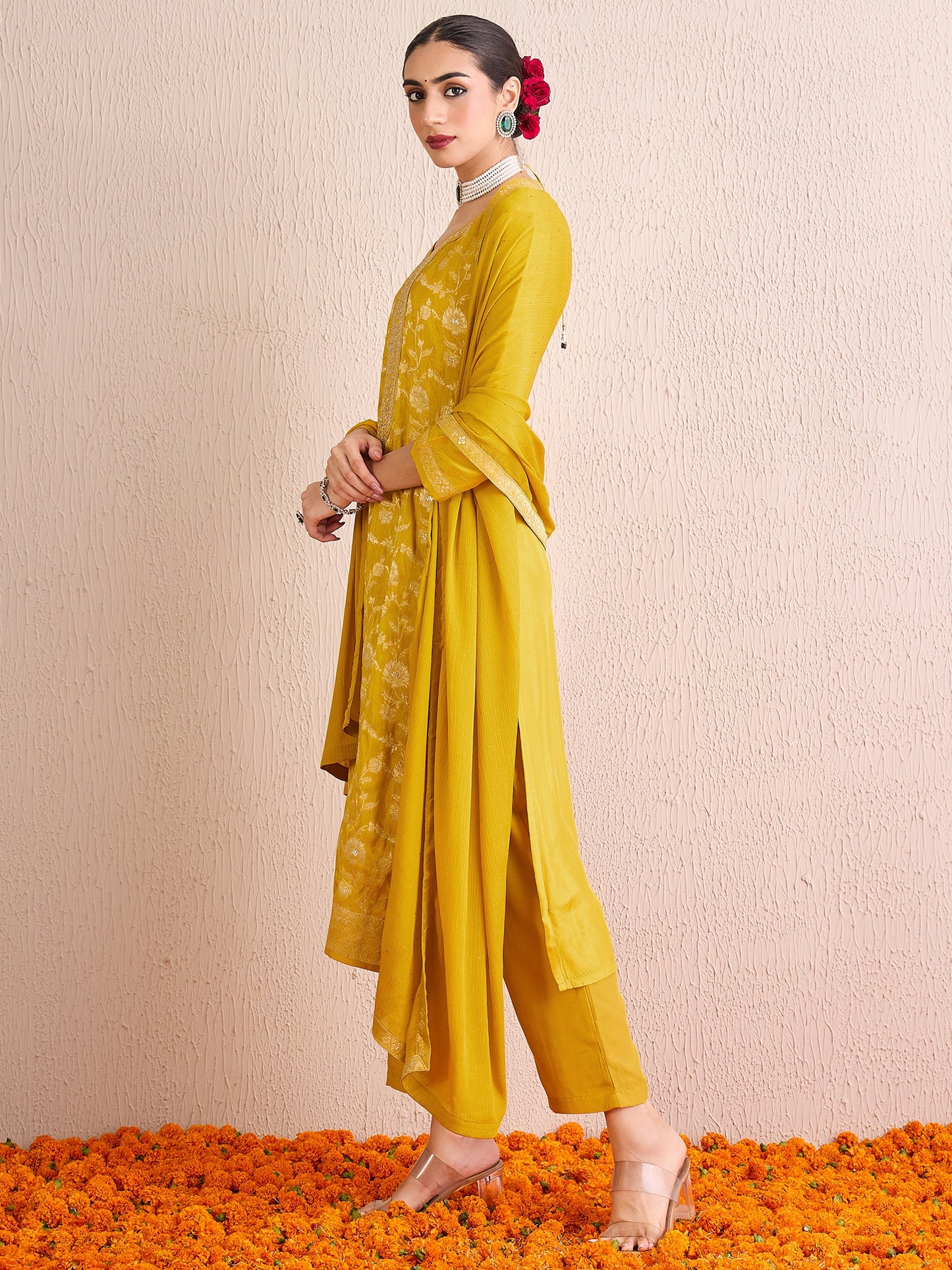 IE Yellow Embroidered Straight Kurta Trousers With Dupatta set