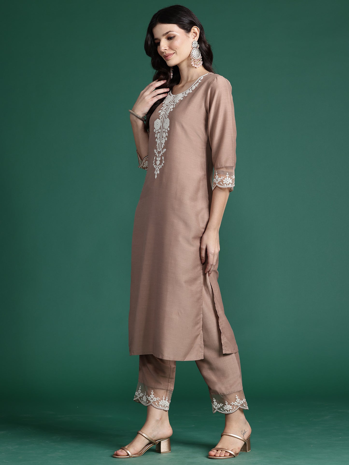 IE Brown Embroidered Straight Kurta Trousers With Dupatta set