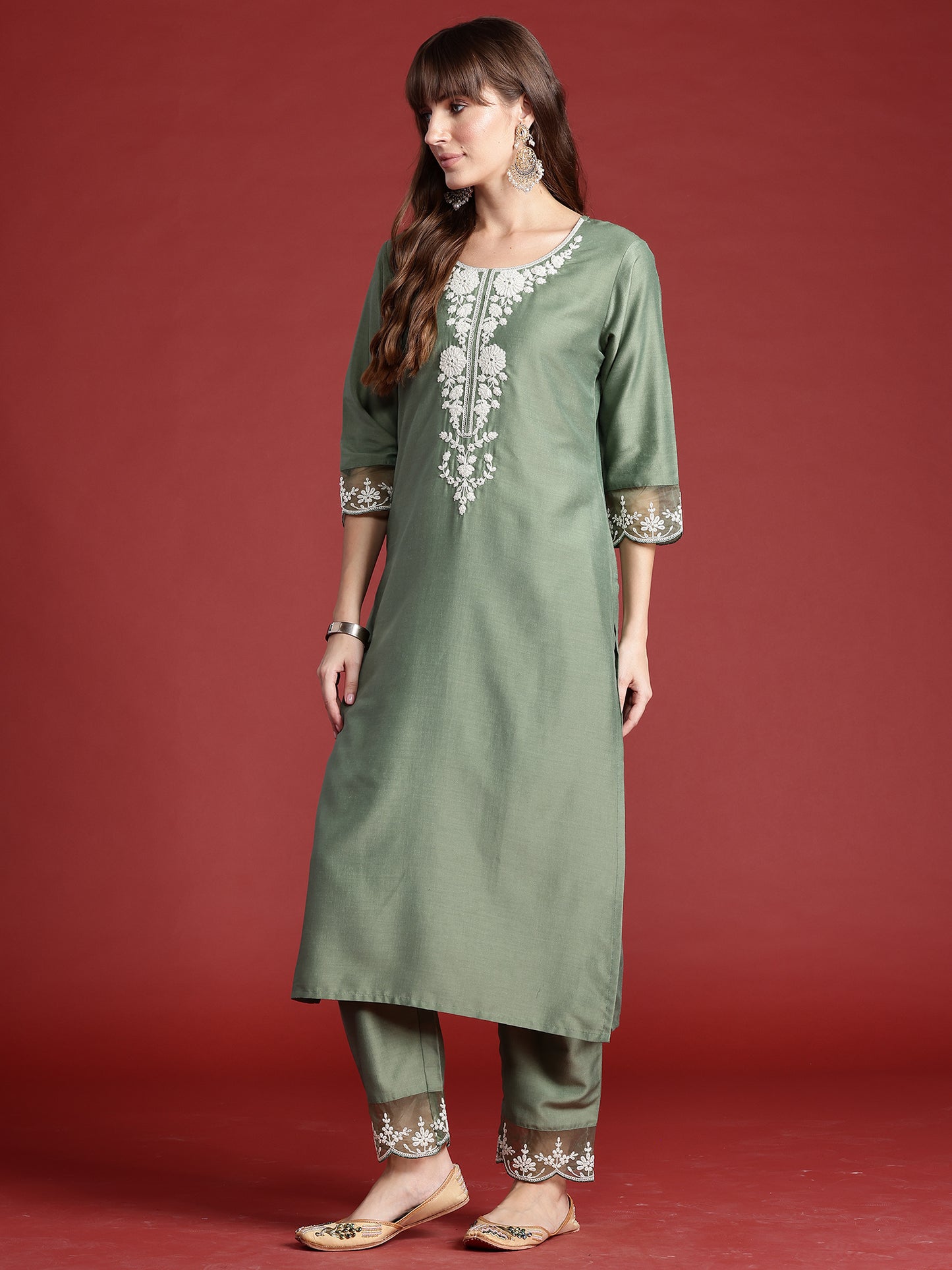 IE Green Embroidered Straight Kurta Trousers With Dupatta set