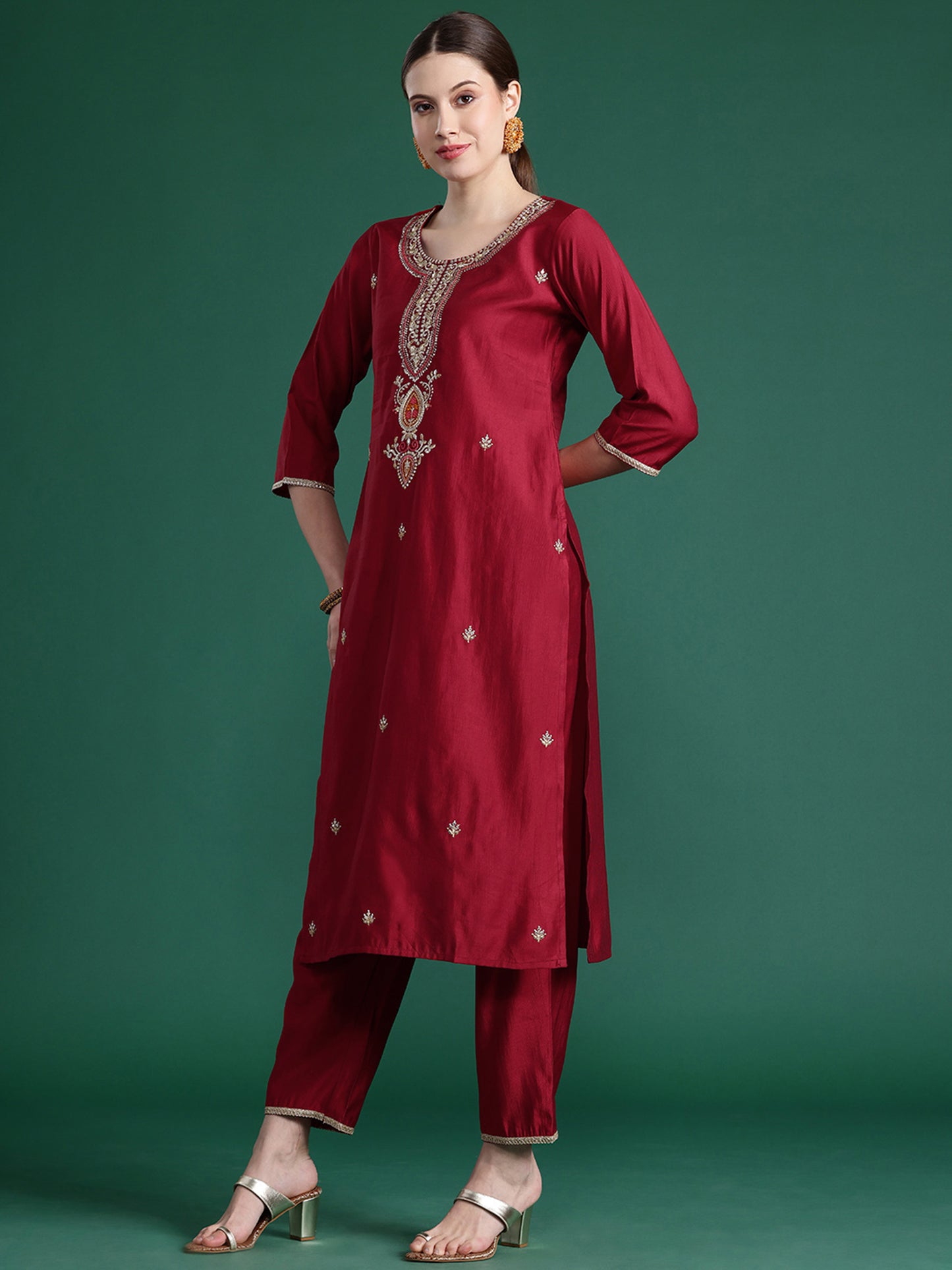 IE Red Embroidered Straight Kurta Trousers With Dupatta  Set