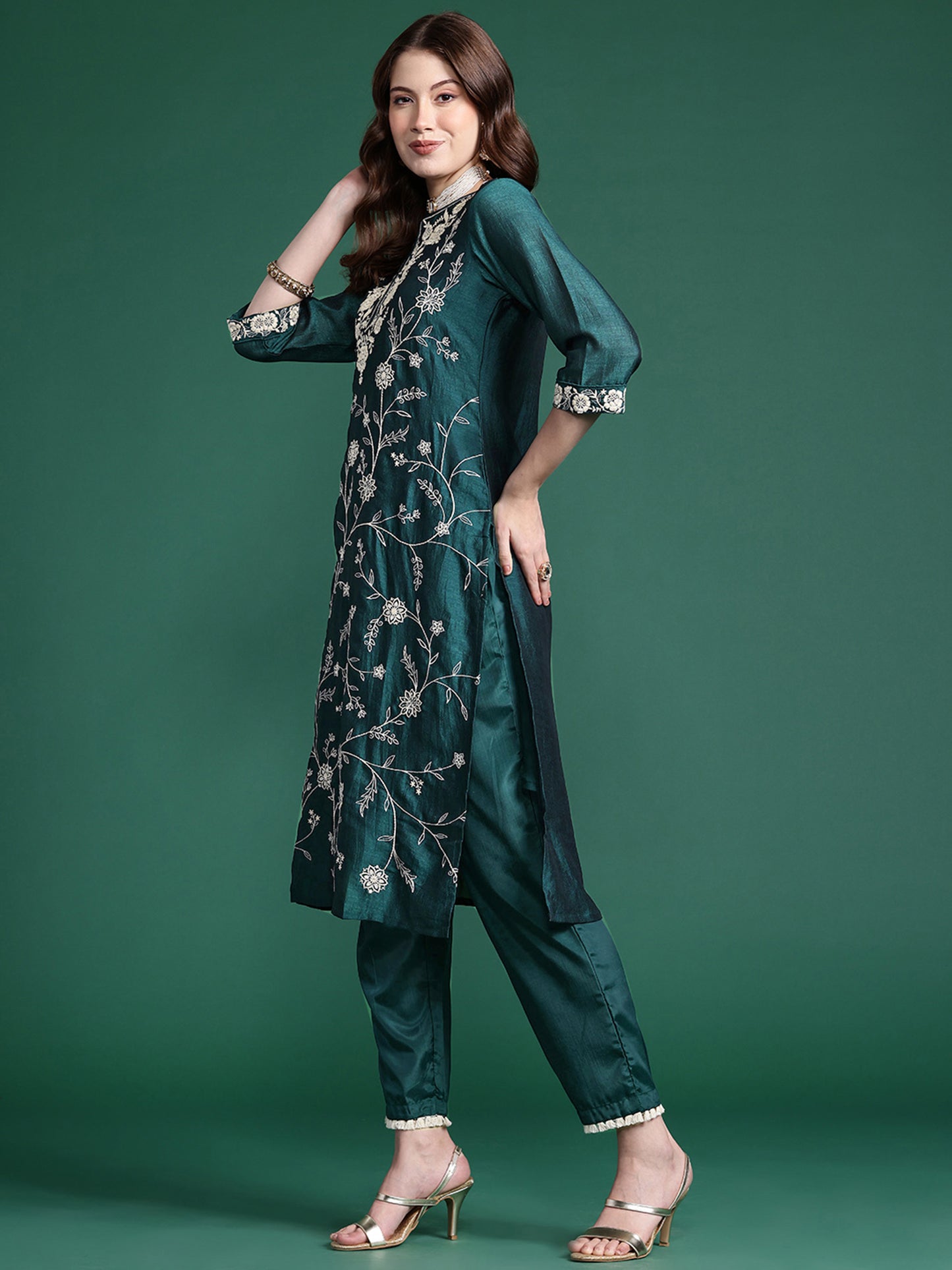 IE Teal Straight Embroidered Kurta Trousers With Dupatta Set