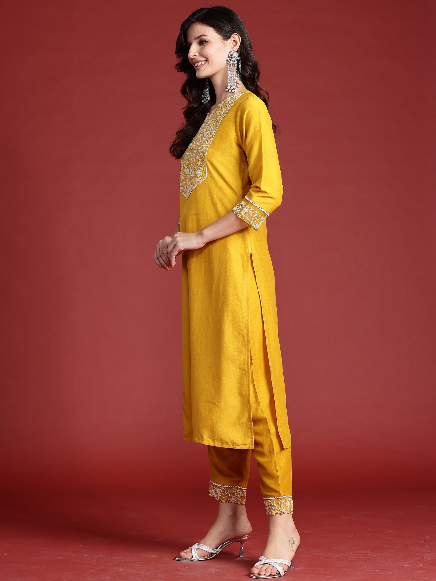 IE Yellow Embroidered Straight Kurta Trousers With Dupatta set