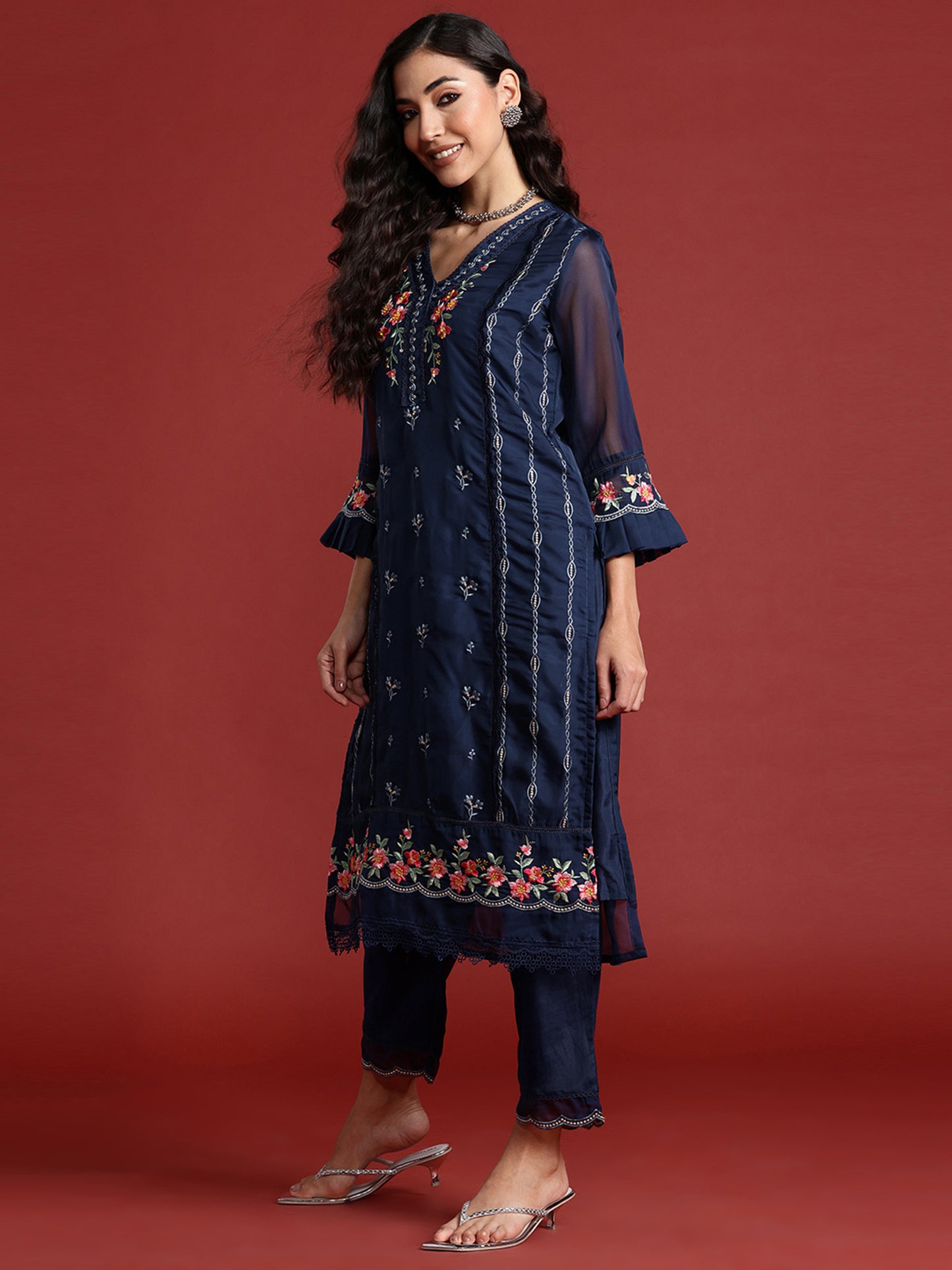 IE Navy Blue Embroidered Straight Kurta Trousers With Dupatta set