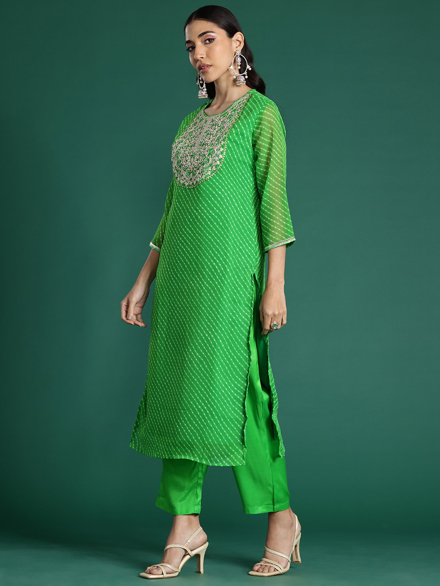 IE Green Printed Straight Kurta Trousers With Dupatta set