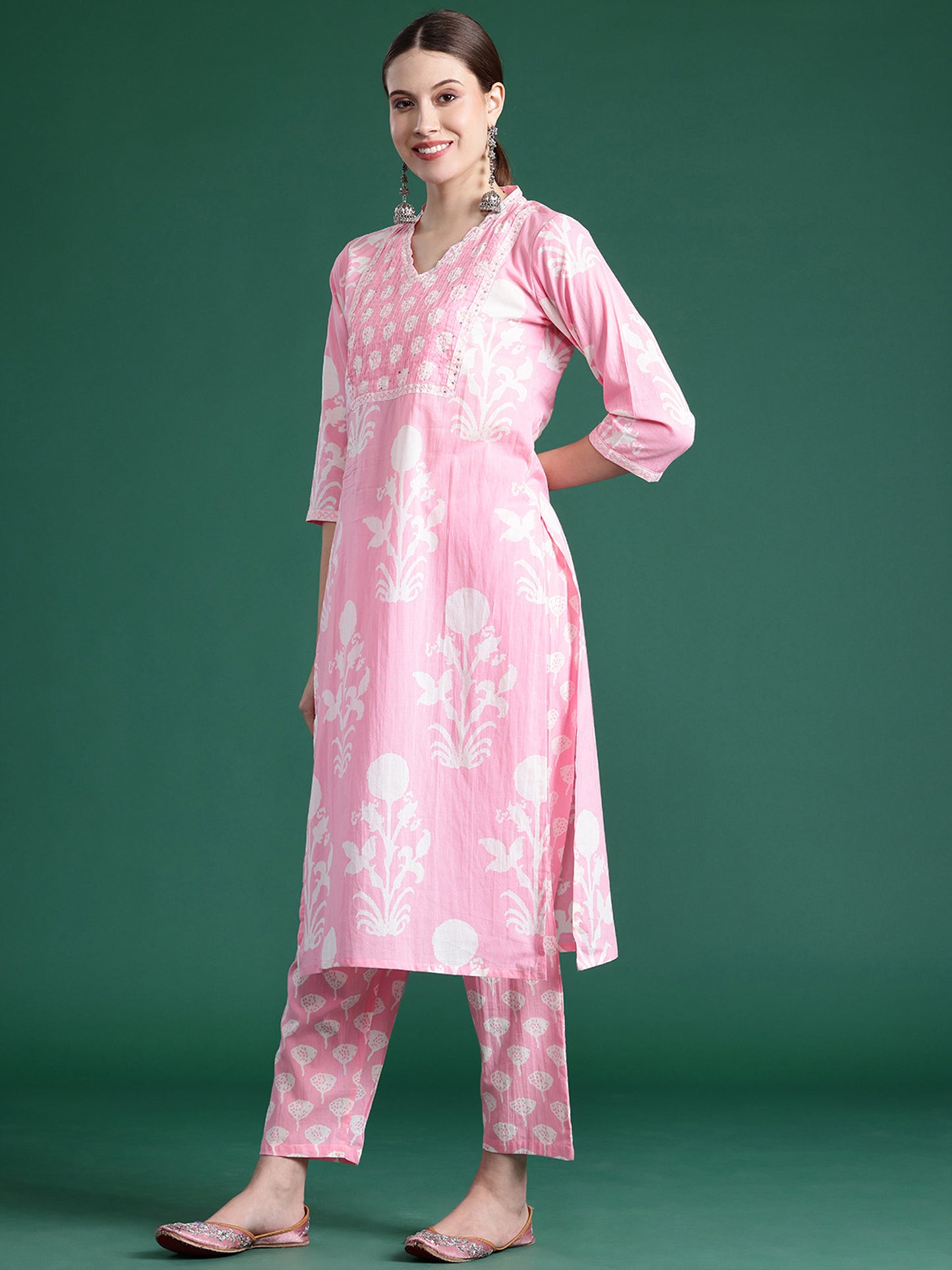 IE Pink Printed Straight Kurta Trousers With Dupatta set