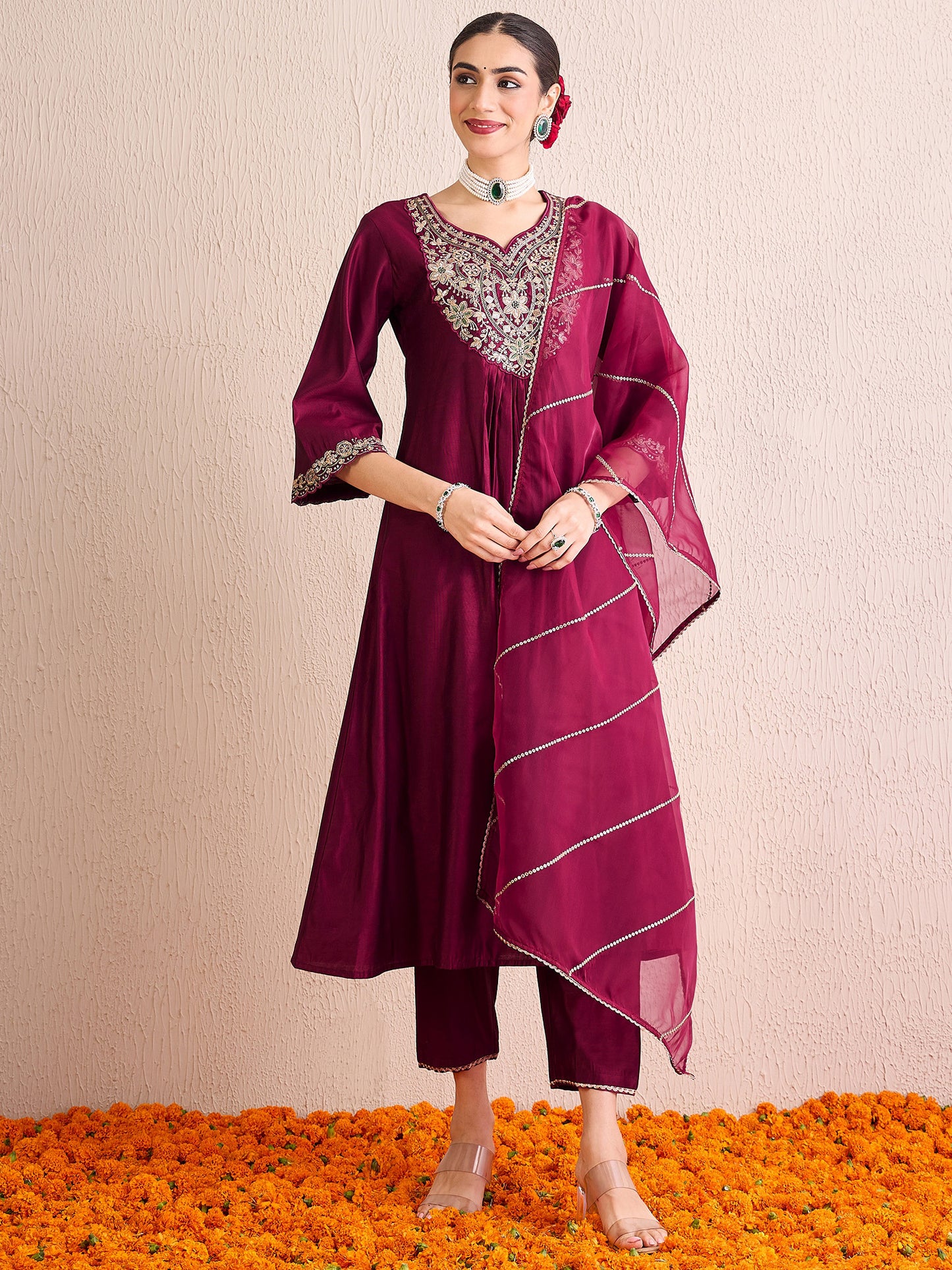 IE Burgundy Embroidered A-Line Kurta Palazzos With Dupatta  Set