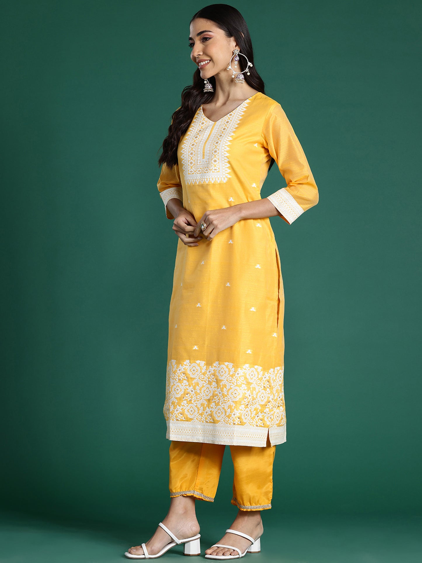 IE Yellow Woven Design Straight Kurta Trousers With Dupatta set