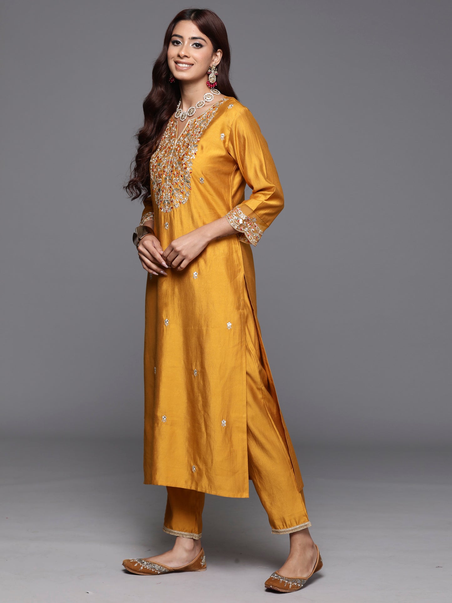 IE Mustard Embroidered Straight Kurta Trousers With Dupatta Set