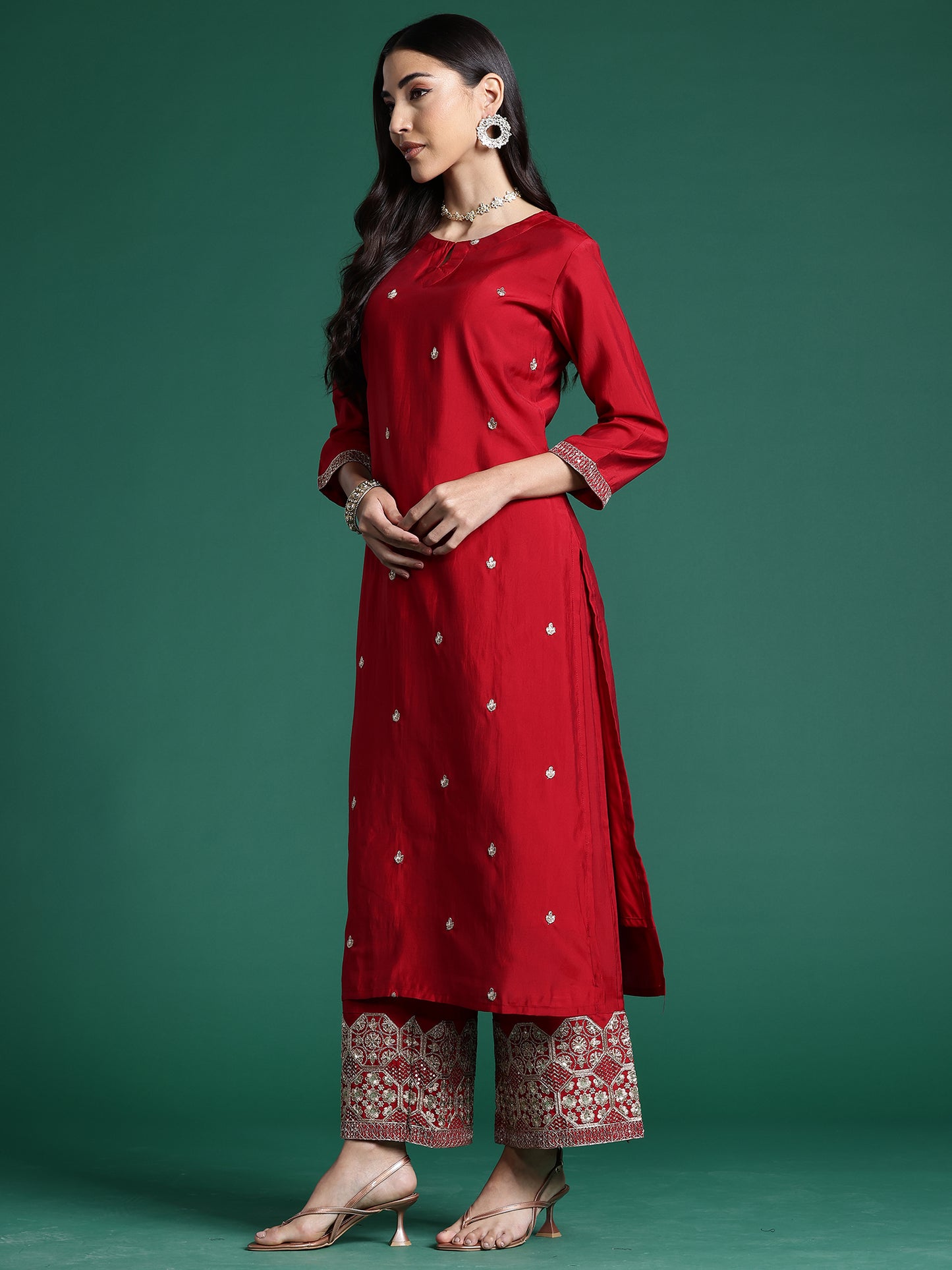 IE Red Embroidered Straight Kurta Palazzos With Dupatta set