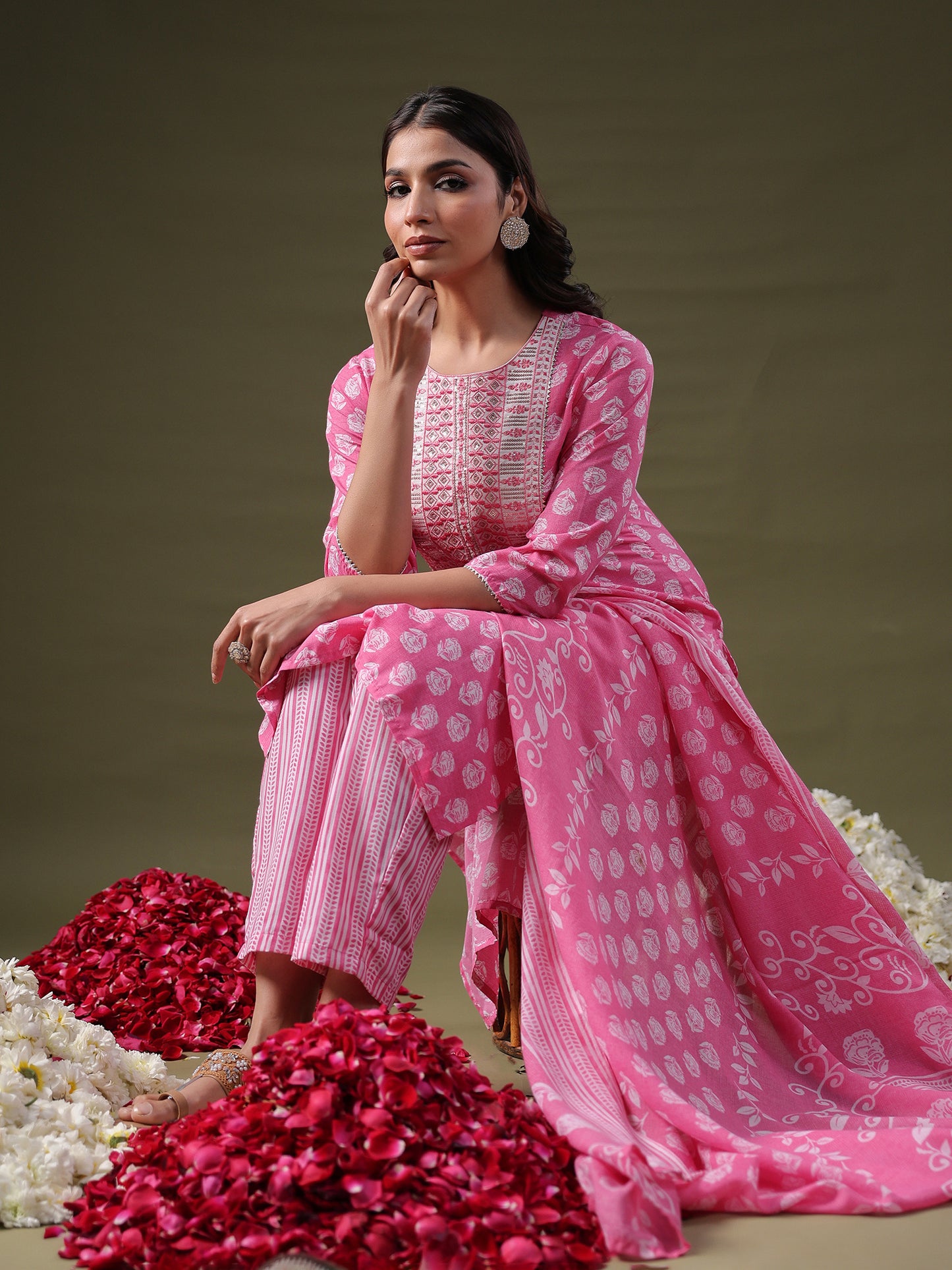 IE Pink Printed Straight Kurta Trousers With Dupatta Set