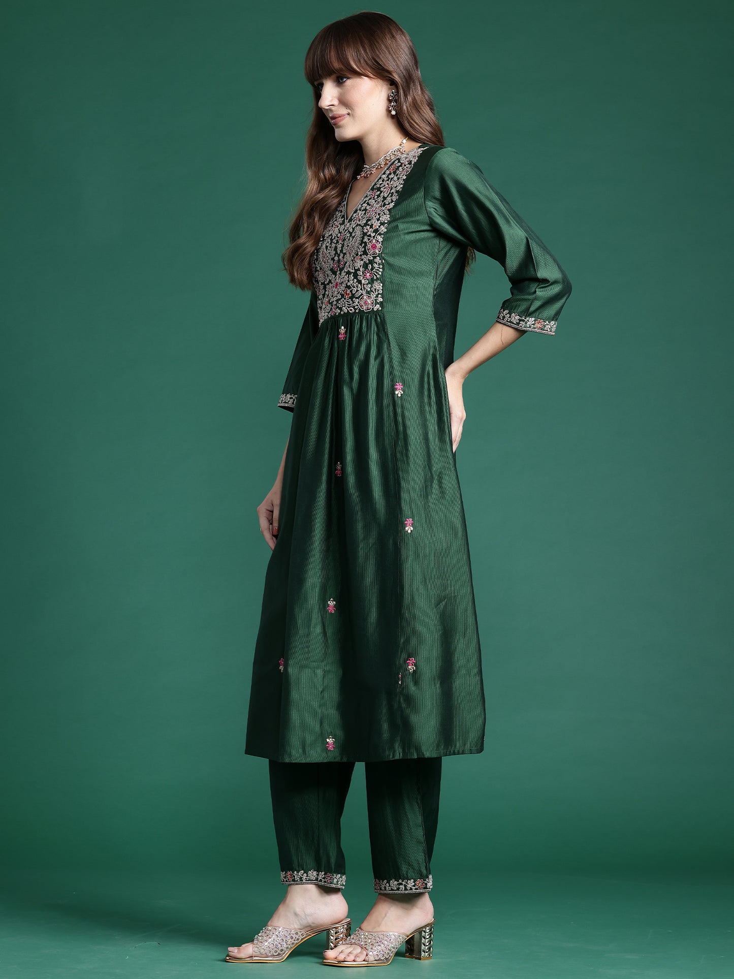 IE Green Embroidered A-Line Kurta Trousers set