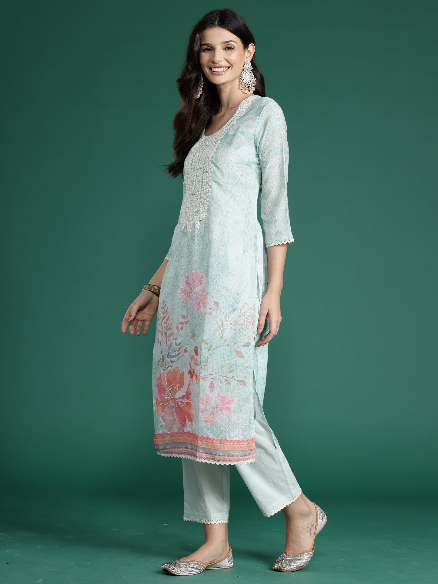 IE Sea Green Printed Straight Kurta Trousers With Dupatta  Set