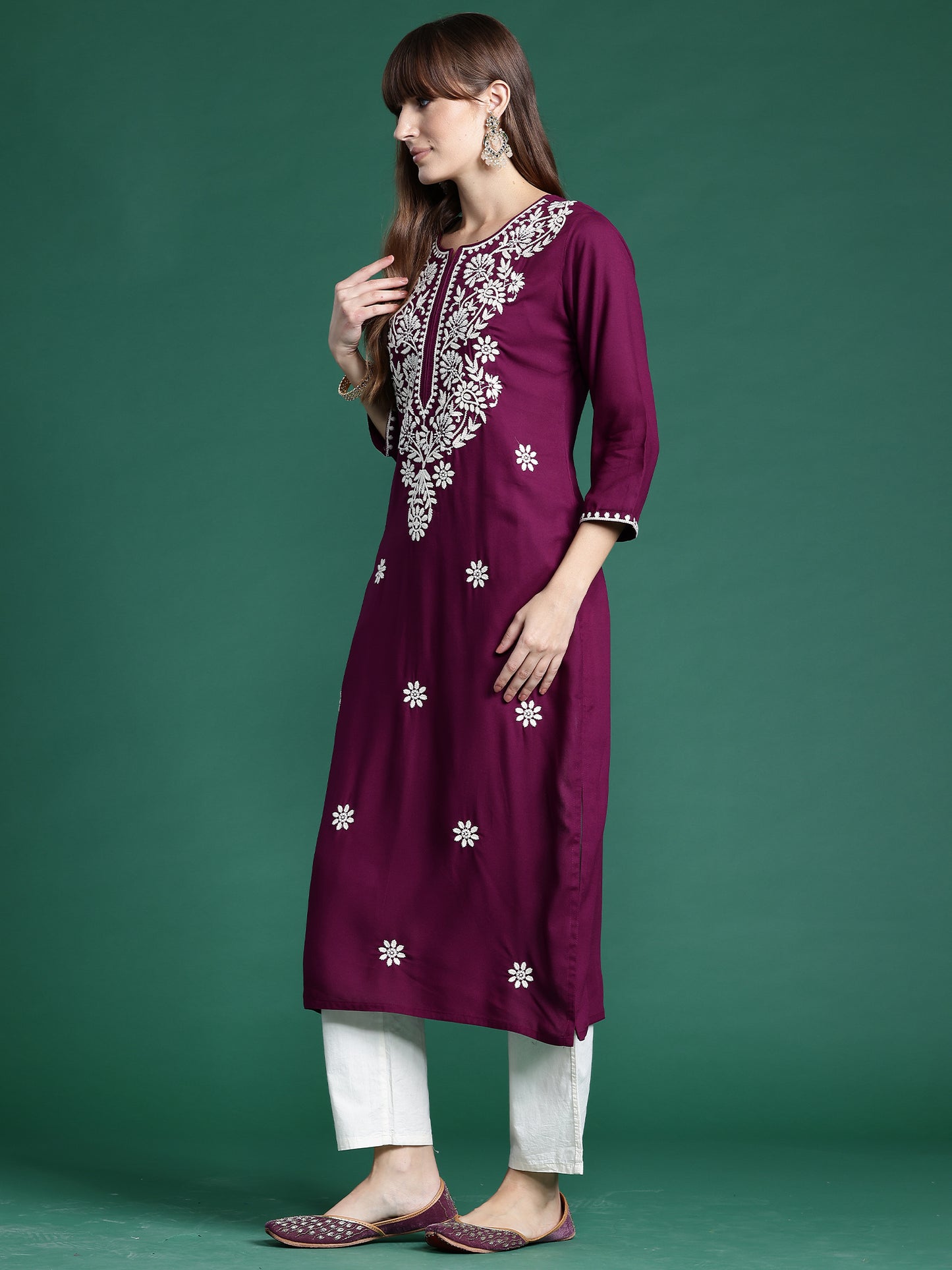 IE Burgundy Embroidered Straight Kurtas