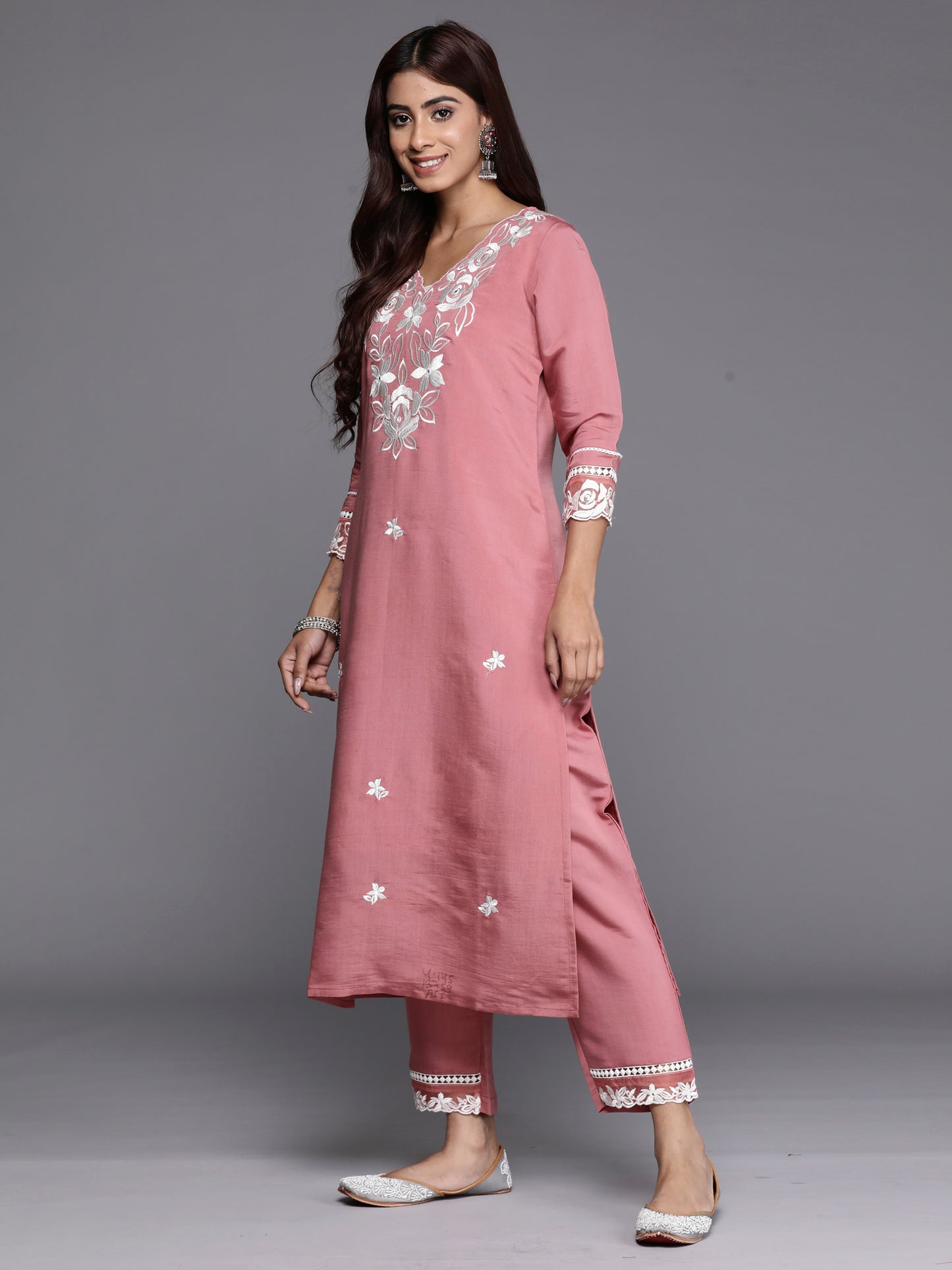 IE Rust Embroidered Straight Kurta Trousers With Dupatta set