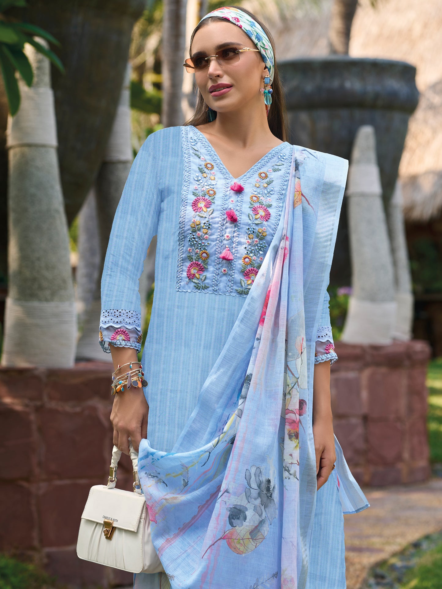 IE Blue Embroidered Straight Kurta Trousers With Dupatta set