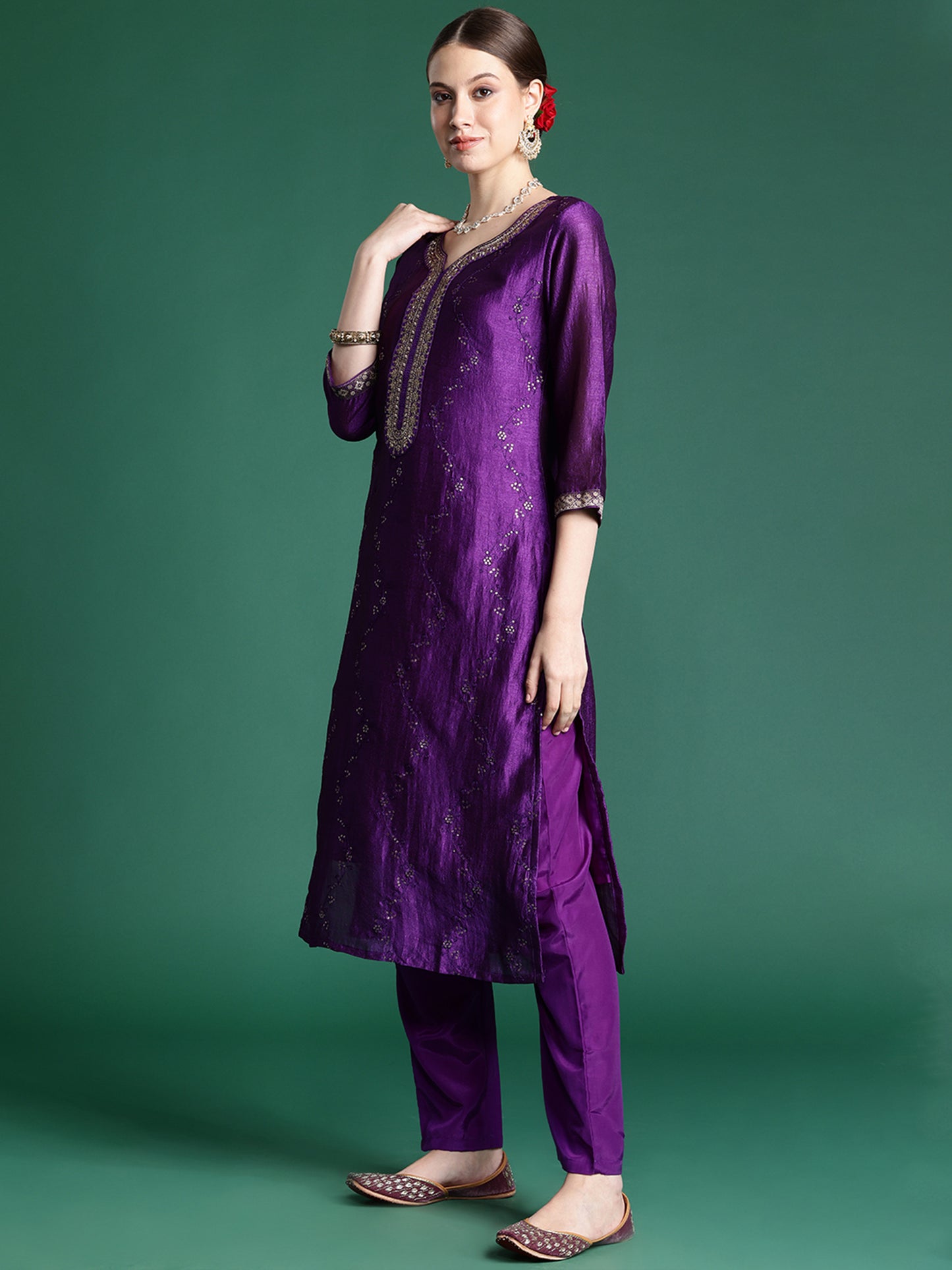 IE Purple Embroidered Straight Kurta Trousers With Dupatta set