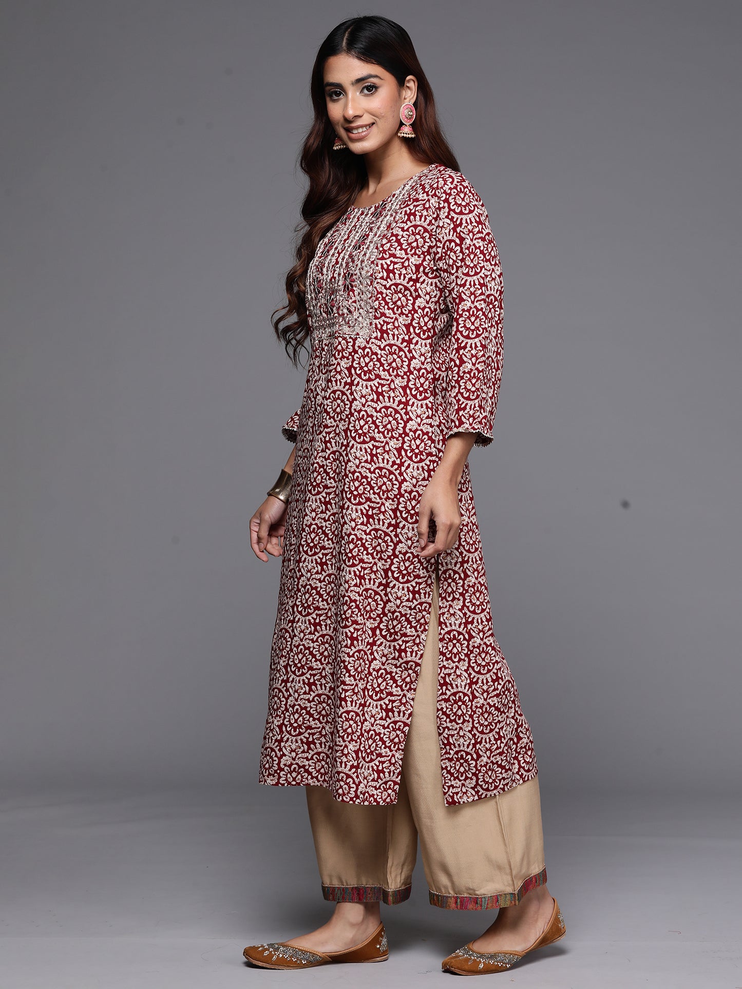 IE Maroon Printed Straight Kurtas