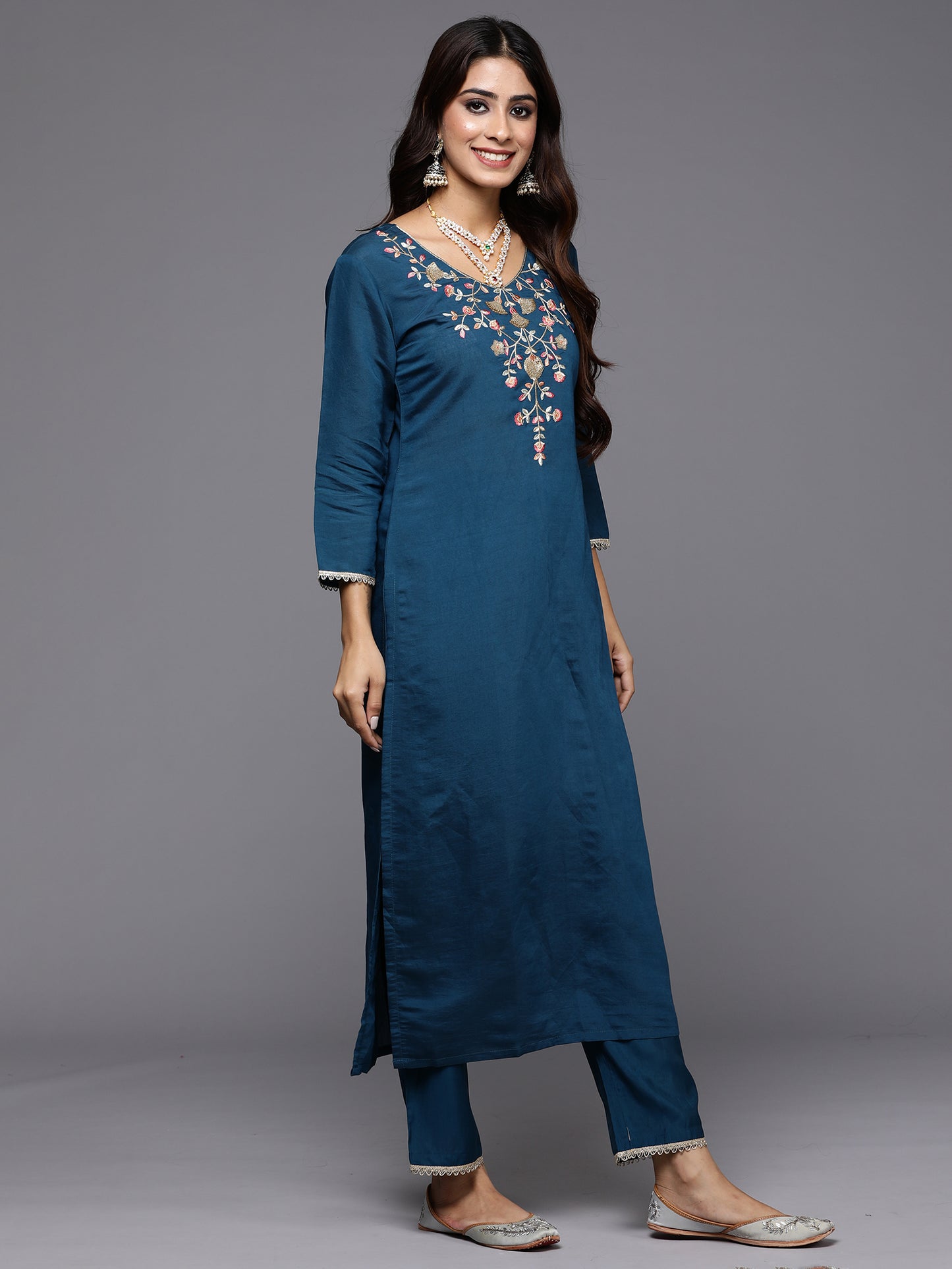 IE Blue Embroidered Straight Kurta Trousers With Dupatta Set