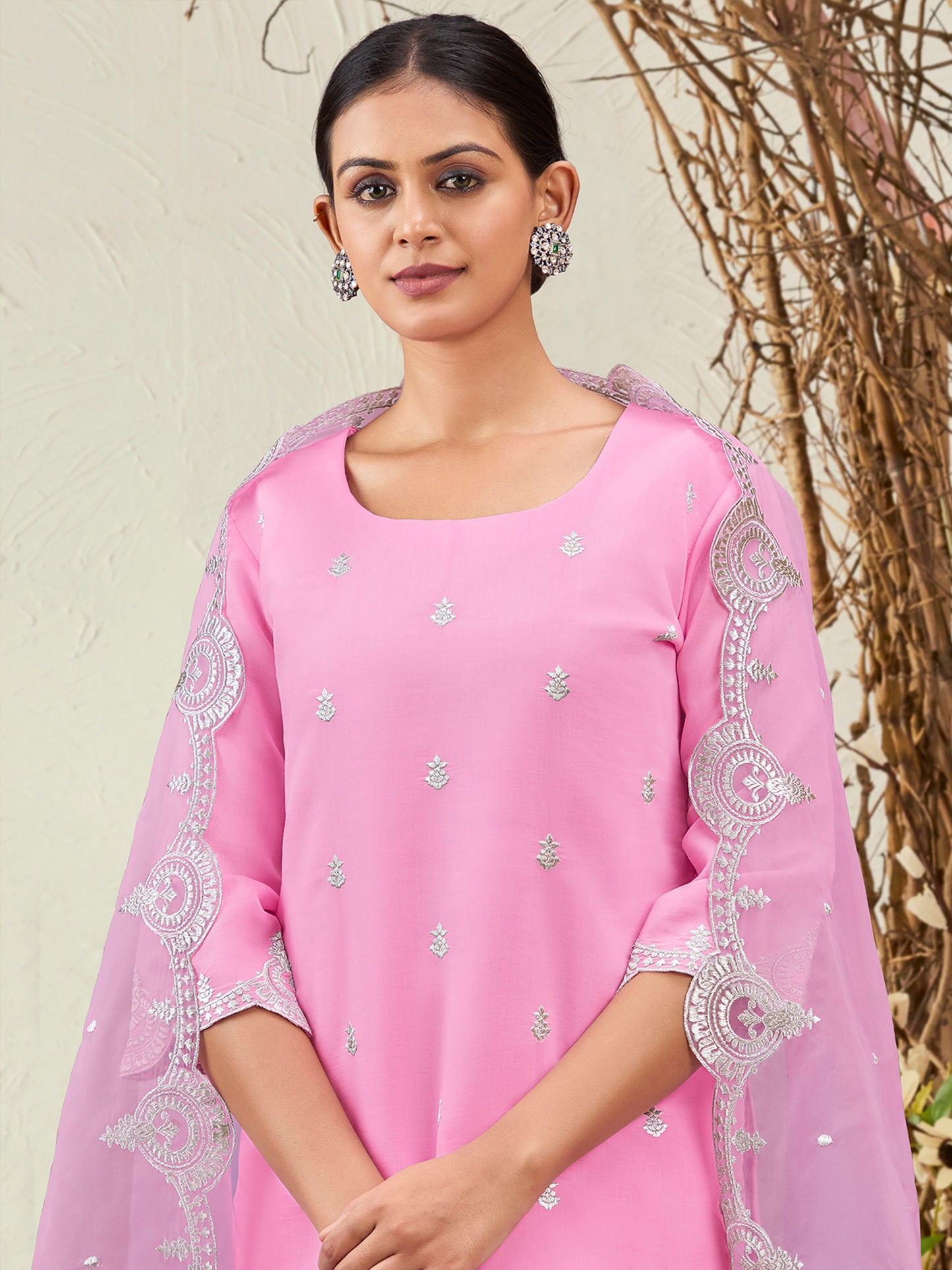 IE Pink Straight Embroidered Kurta Trousers With Dupatta Set