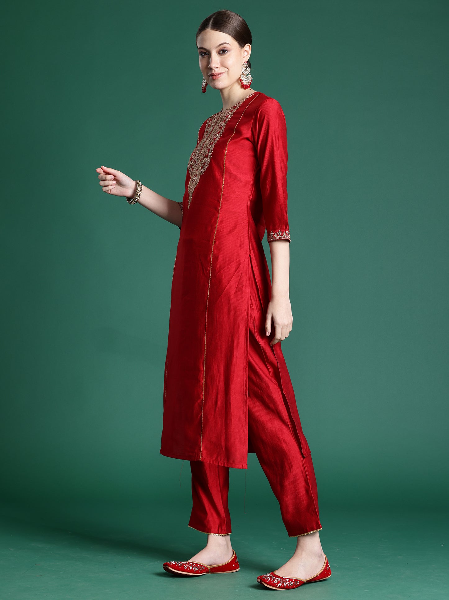 IE Red Embroidered Straight Kurta Trousers With Dupatta Set