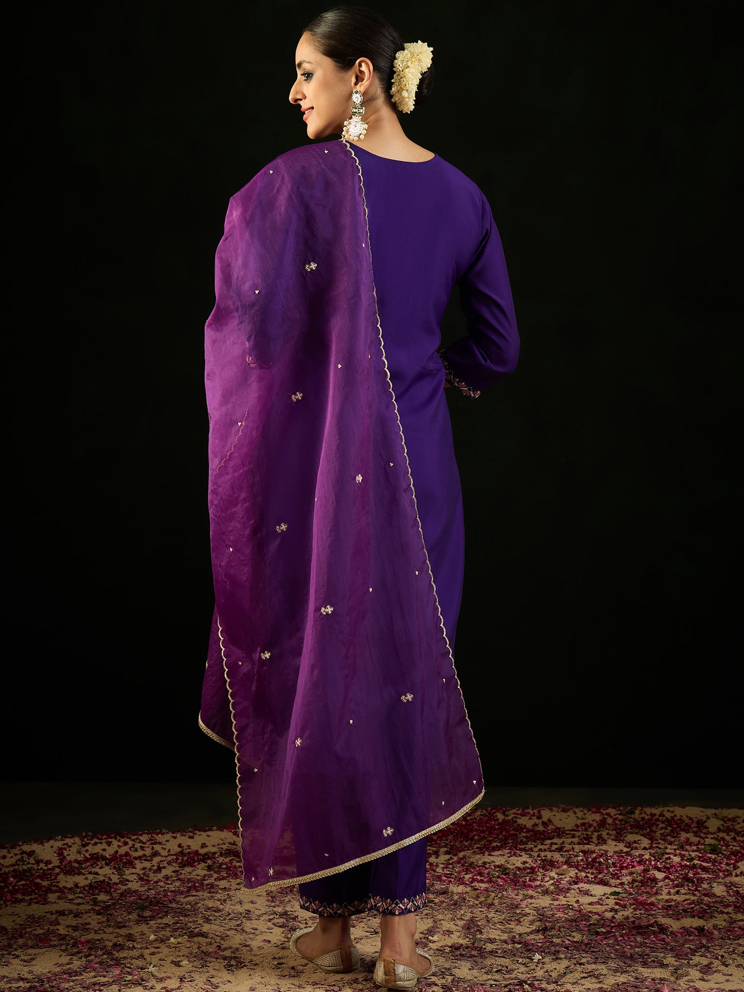 IE Purple Embroidered Straight Kurta Trousers With Dupatta Set