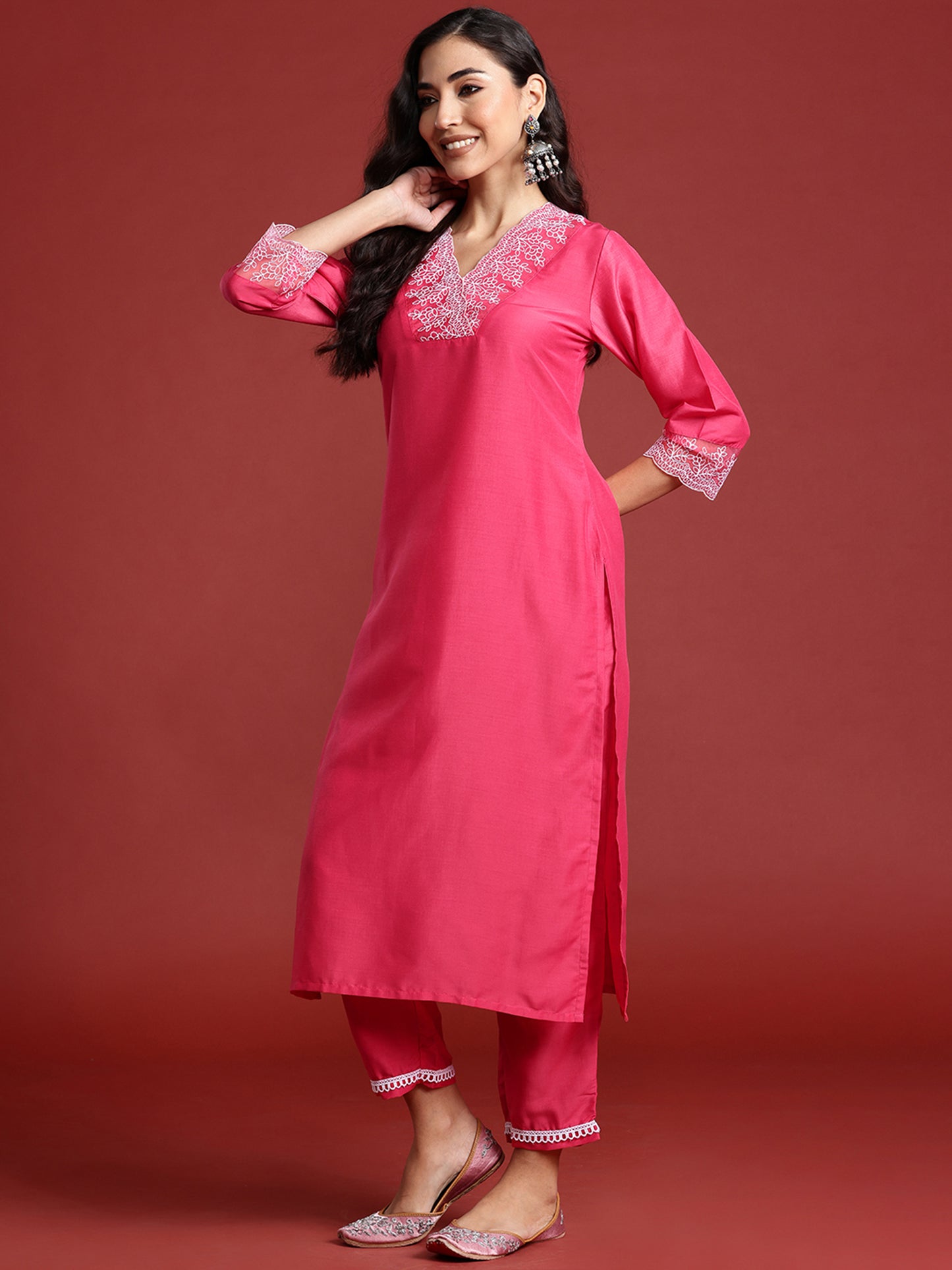 IE Pink Embroidered Straight Kurta Trousers With Dupatta set