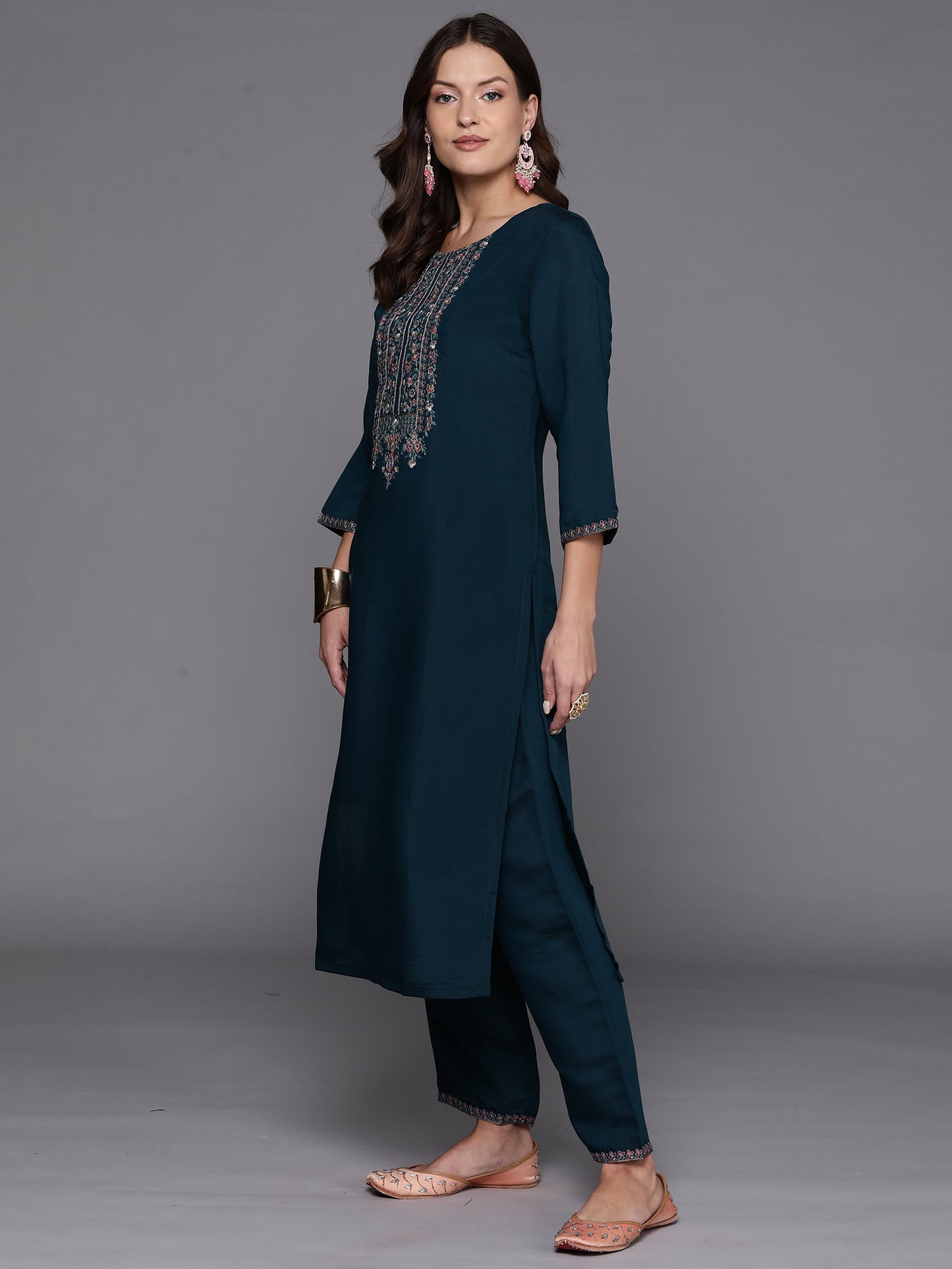 IE Teal Embroidered Straight Kurta Trousers With Dupatta Set