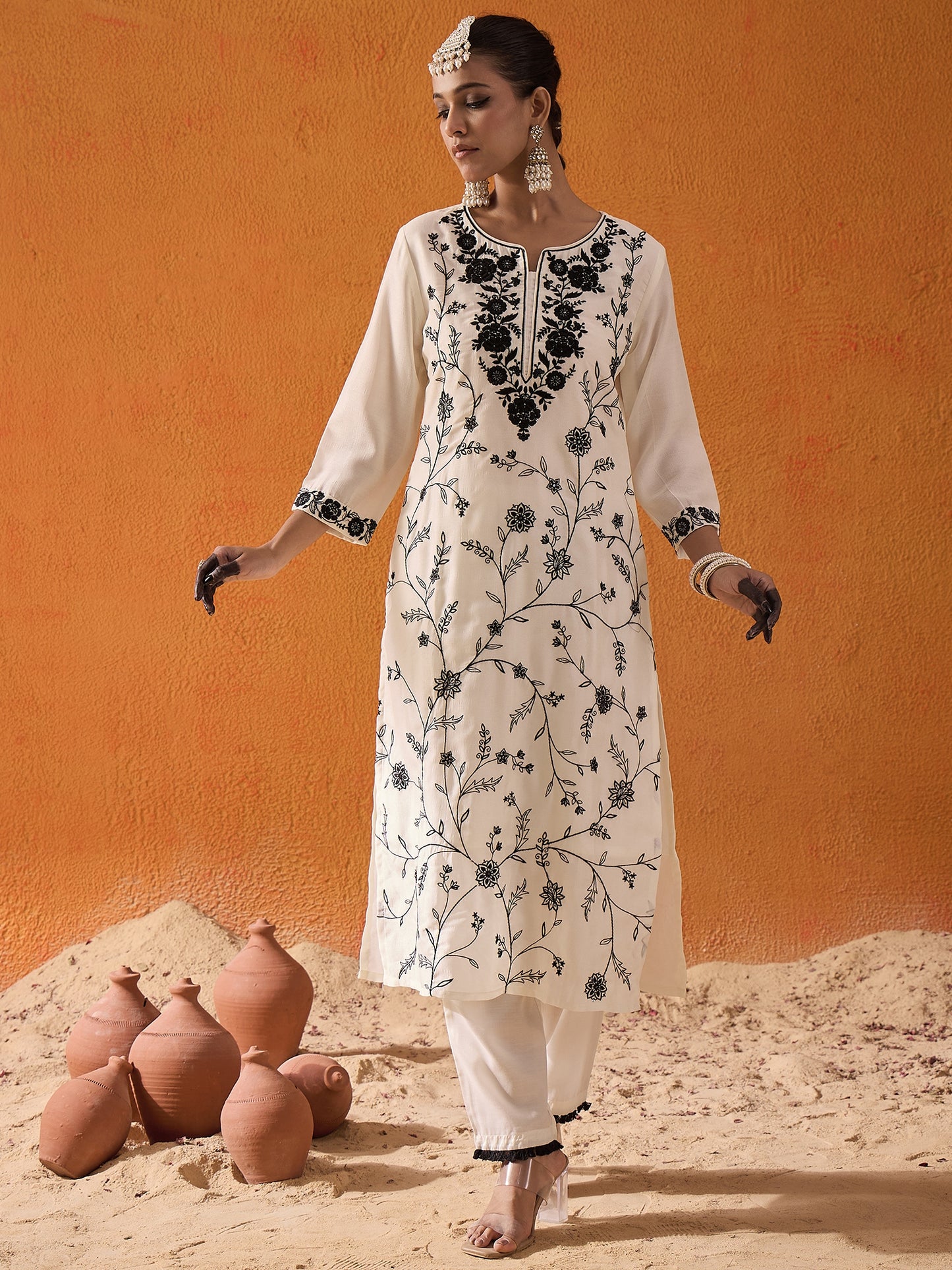 IE White Straight Embroidered Kurta Trousers With Dupatta Set