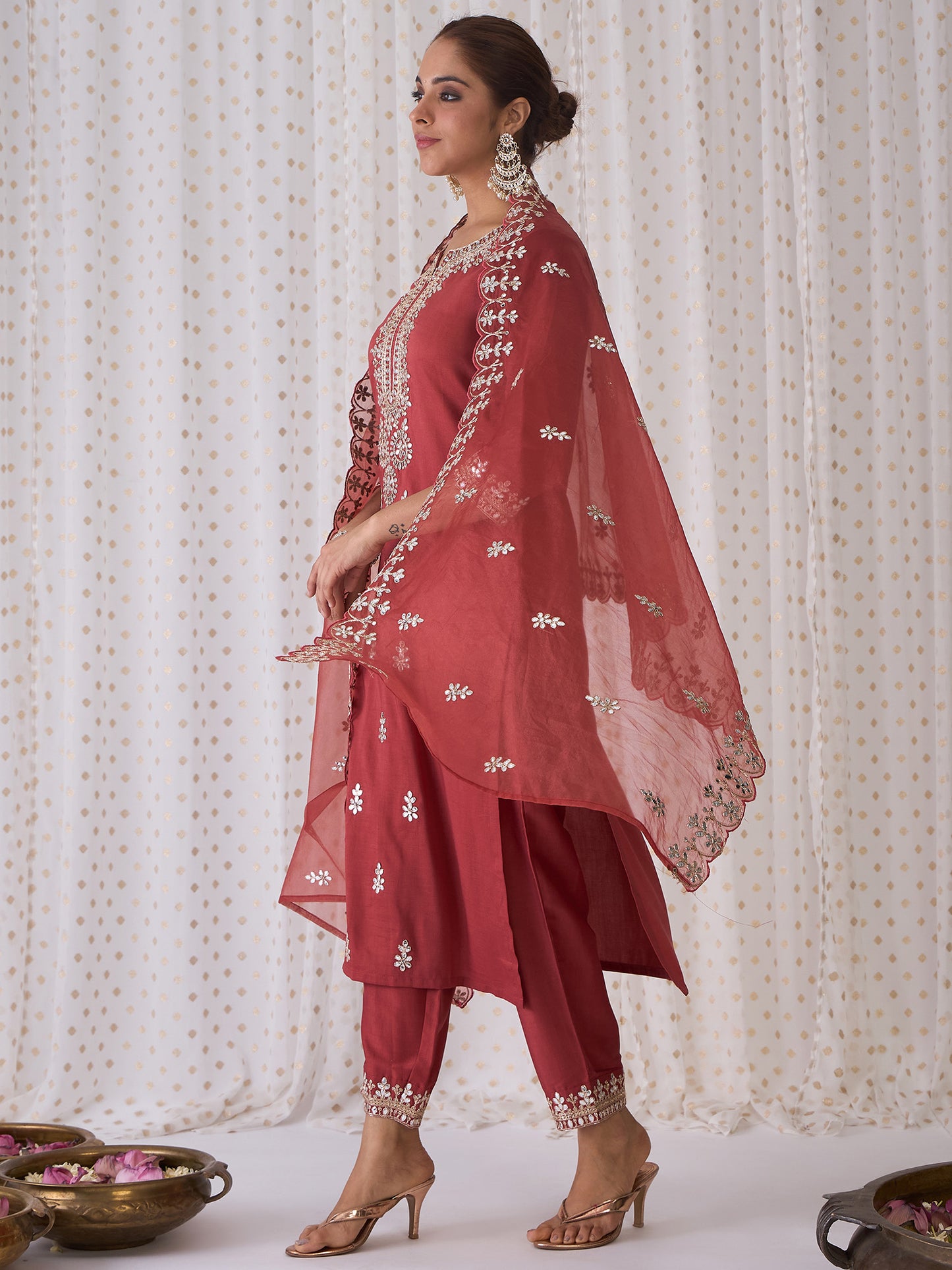 IE Rust Embroidered Straight Kurta Trousers With Dupatta set