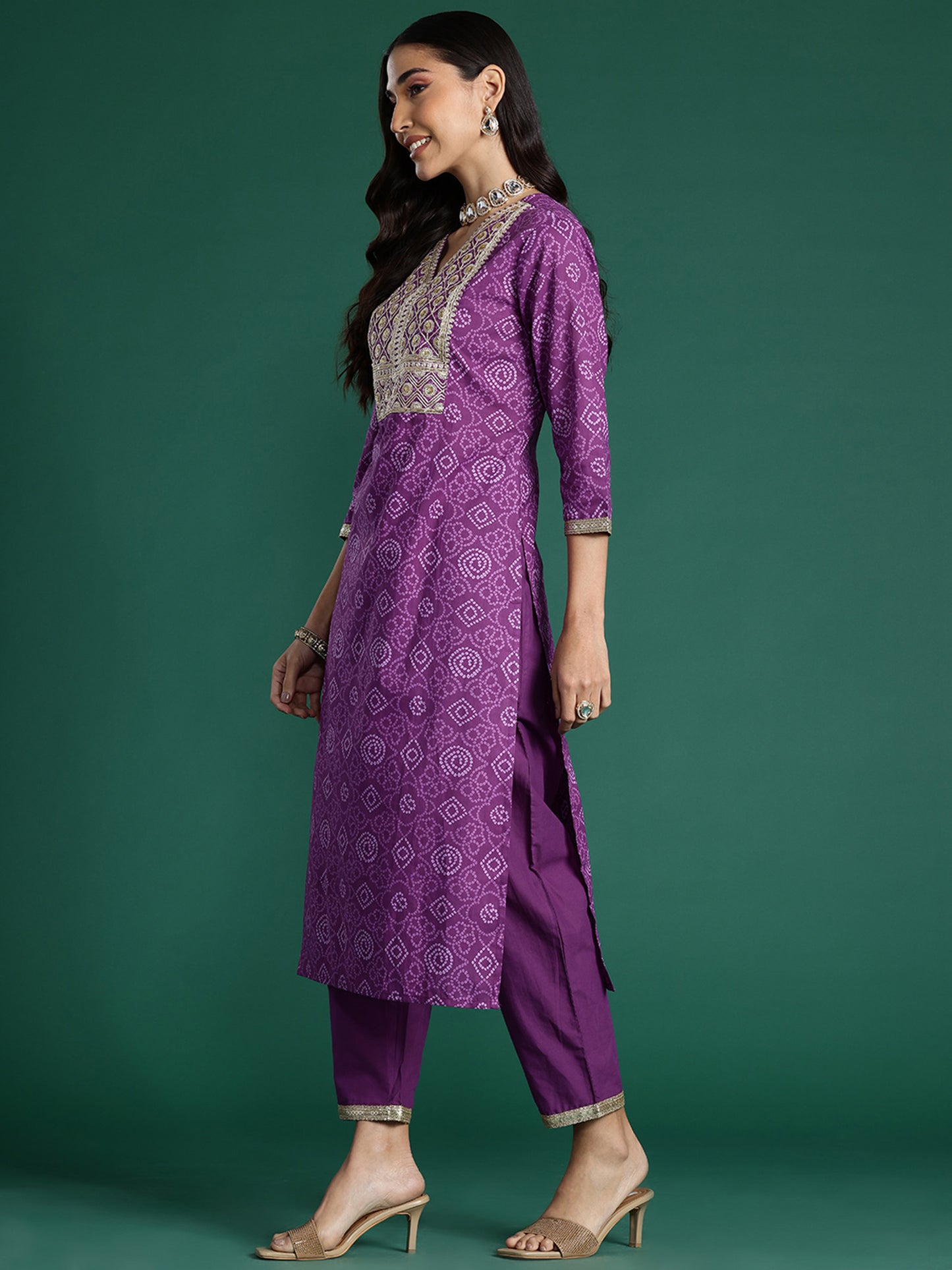 IE Purple Embroidered Straight Kurta Trousers With Dupatta set